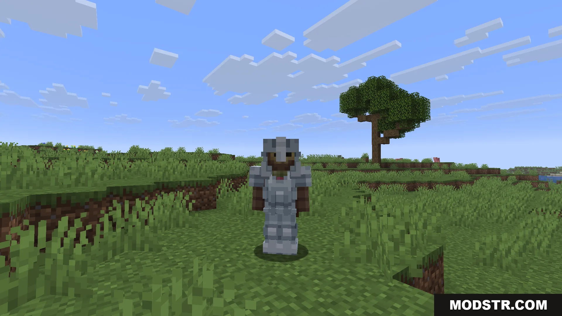Glowing 3D Armor Resource Pack Screenshot 5 Player character wearing a full set of 3D iron armor in a grassy field