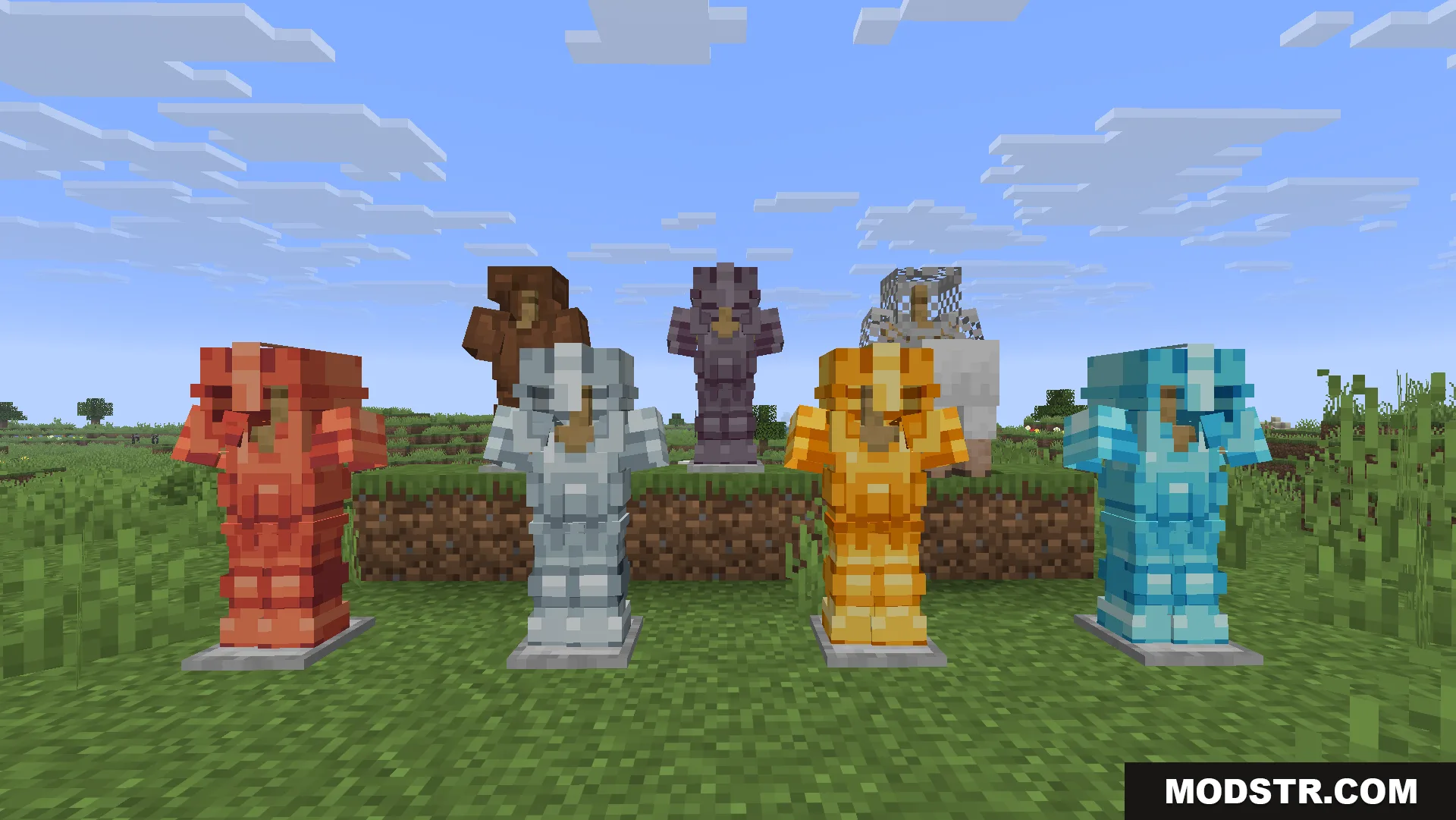Glowing 3D Armor Resource Pack Screenshot 9 Seven armor stands displaying different types of detailed 3D armor in Minecraft