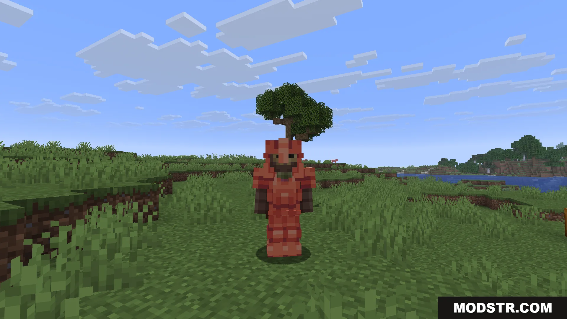 Glowing 3D Armor Resource Pack Screenshot 4 A character wearing the Glowing 3D Armor Resource Pack in a field