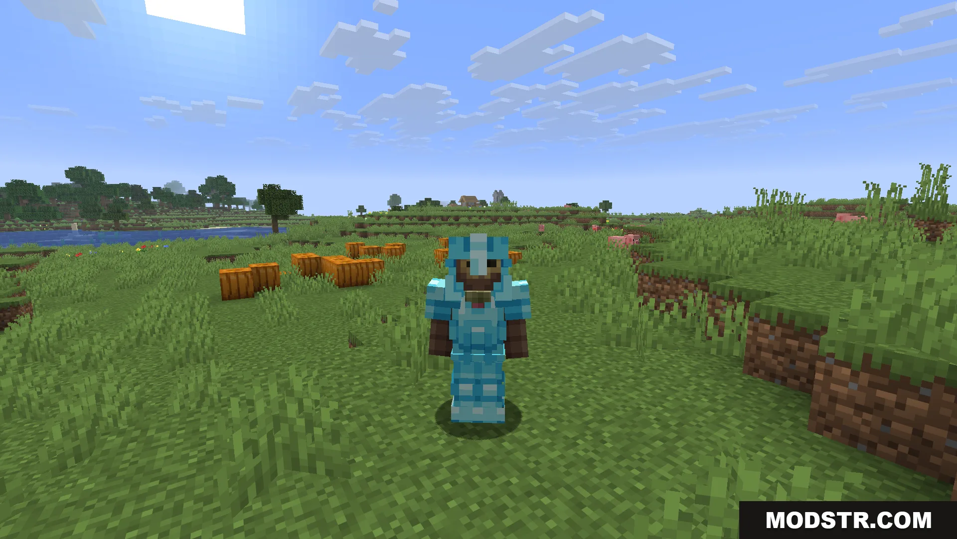 Glowing 3D Armor Resource Pack Screenshot 6 Player character wearing a full set of 3D diamond armor near a village