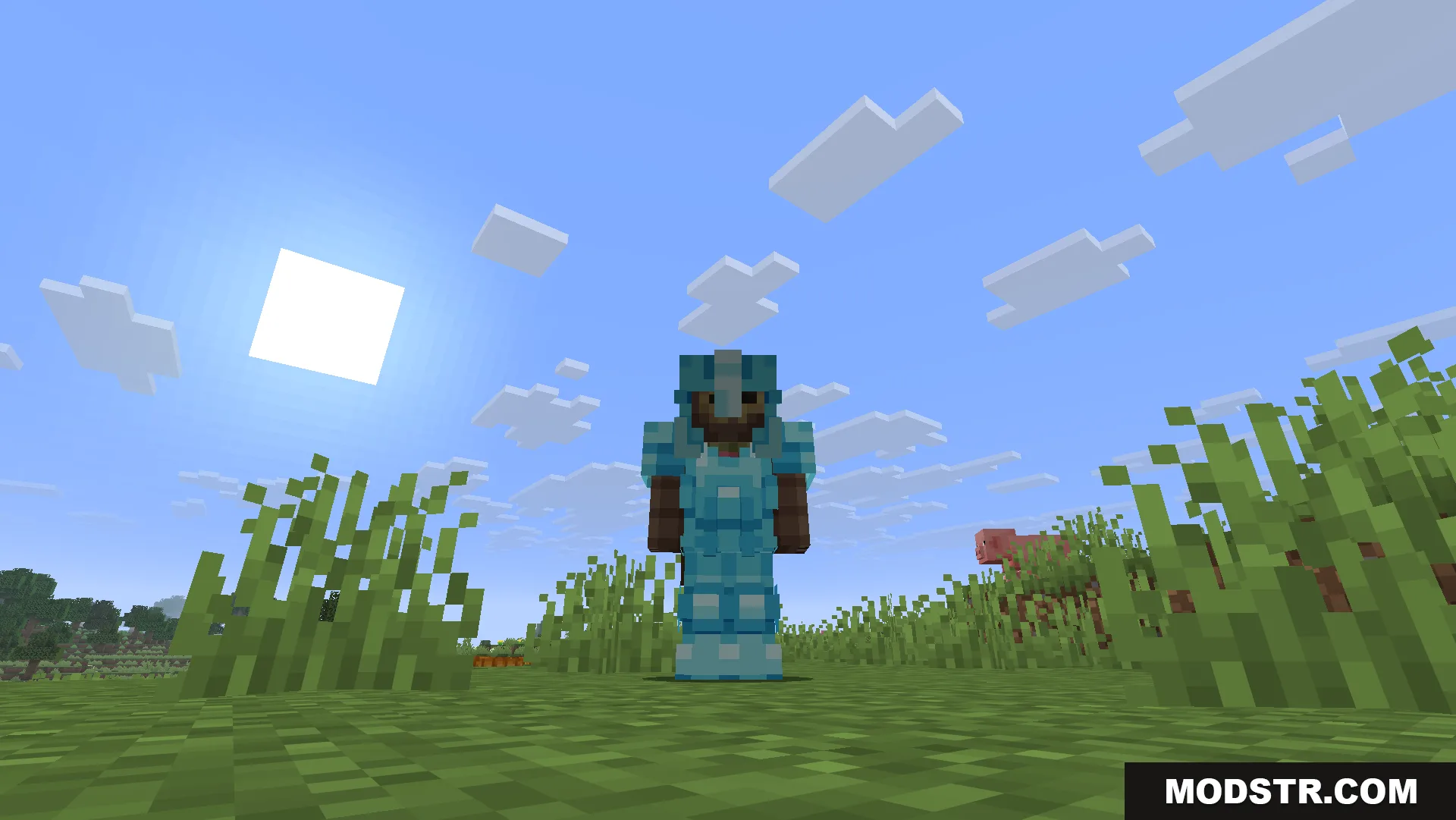 Glowing 3D Armor Resource Pack Screenshot 7 A player character wearing Glowing 3D Armor in a sunny grassy field