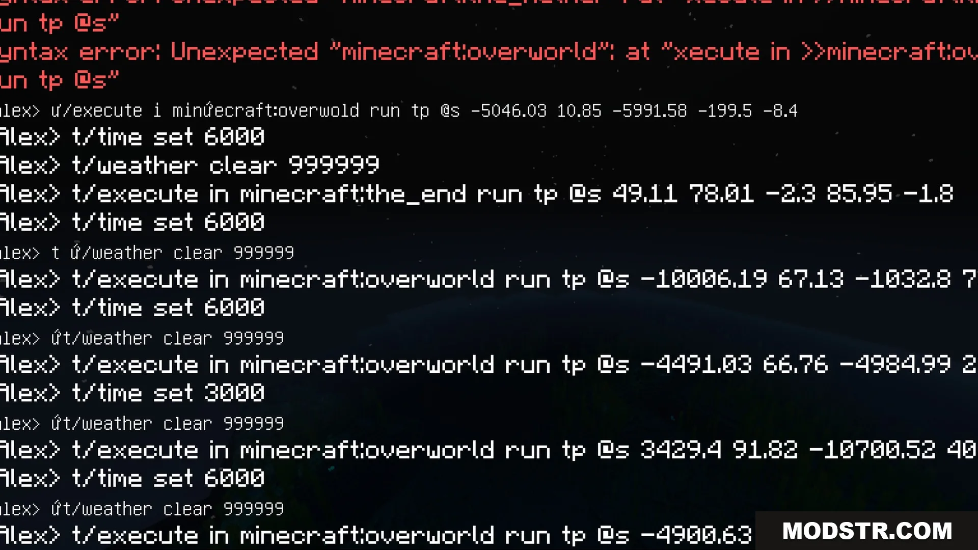Glowy Ores Shader Screenshot 5 Minecraft chat log showing teleportation commands and a red syntax error message