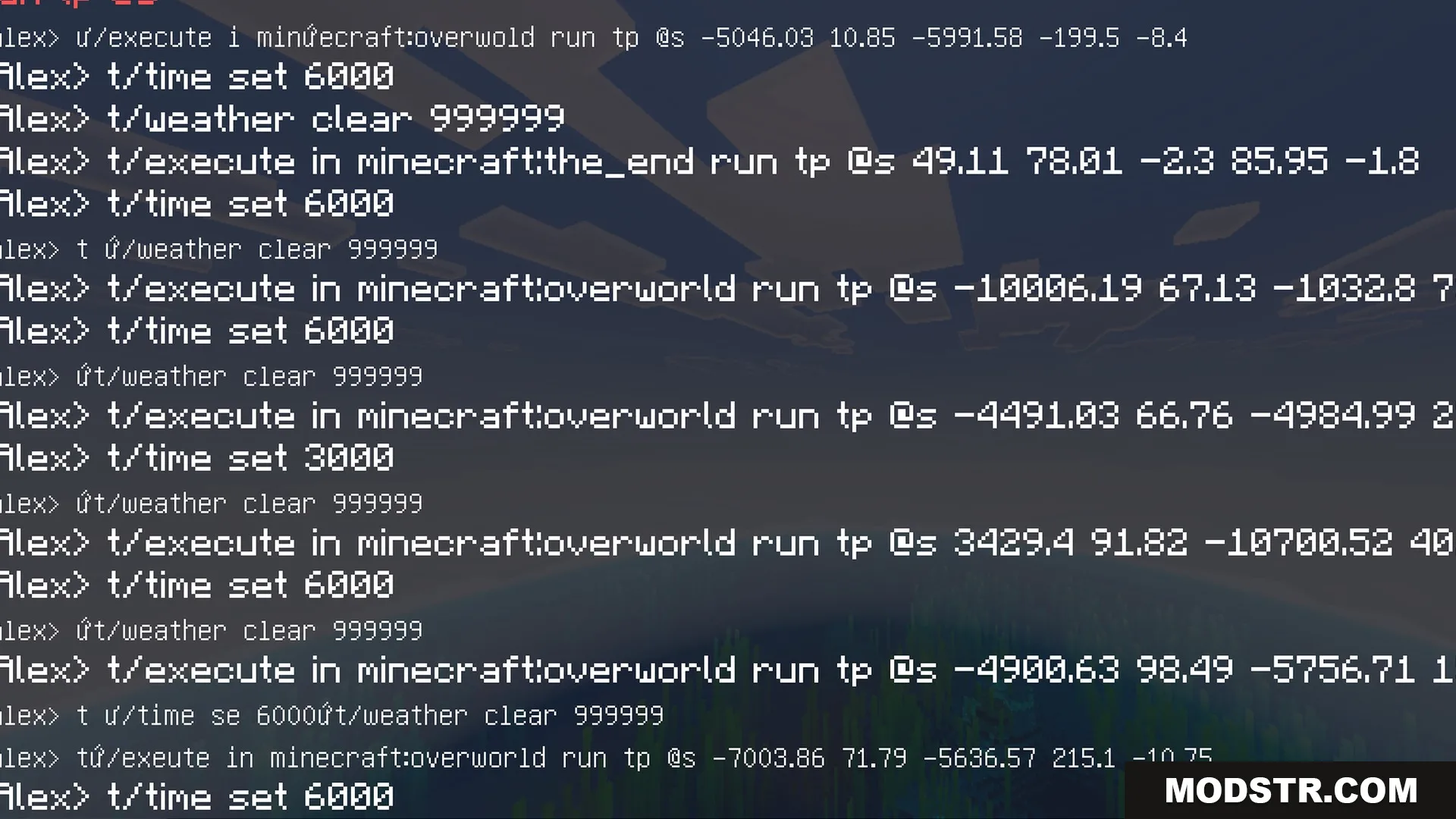 Glowy Ores Shader Screenshot 6 Minecraft chat console displaying a long list of teleportation and time commands