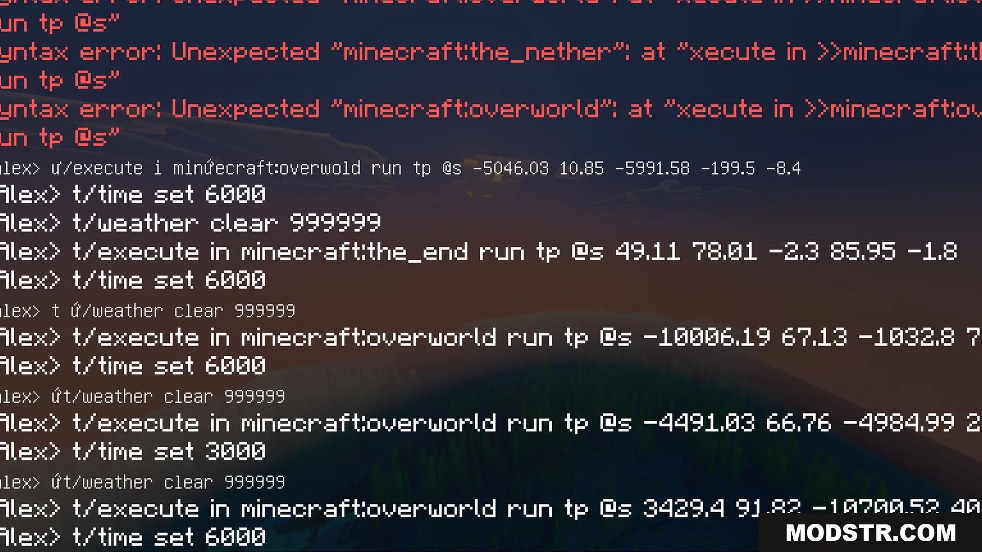 Glowy Ores Shader Screenshot 3 Minecraft chat log showing various teleportation and time set commands on screen