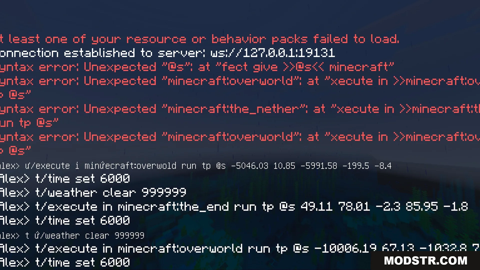 Glowy Ores Shader Screenshot 1 Minecraft chat console showing red syntax error messages and various game commands
