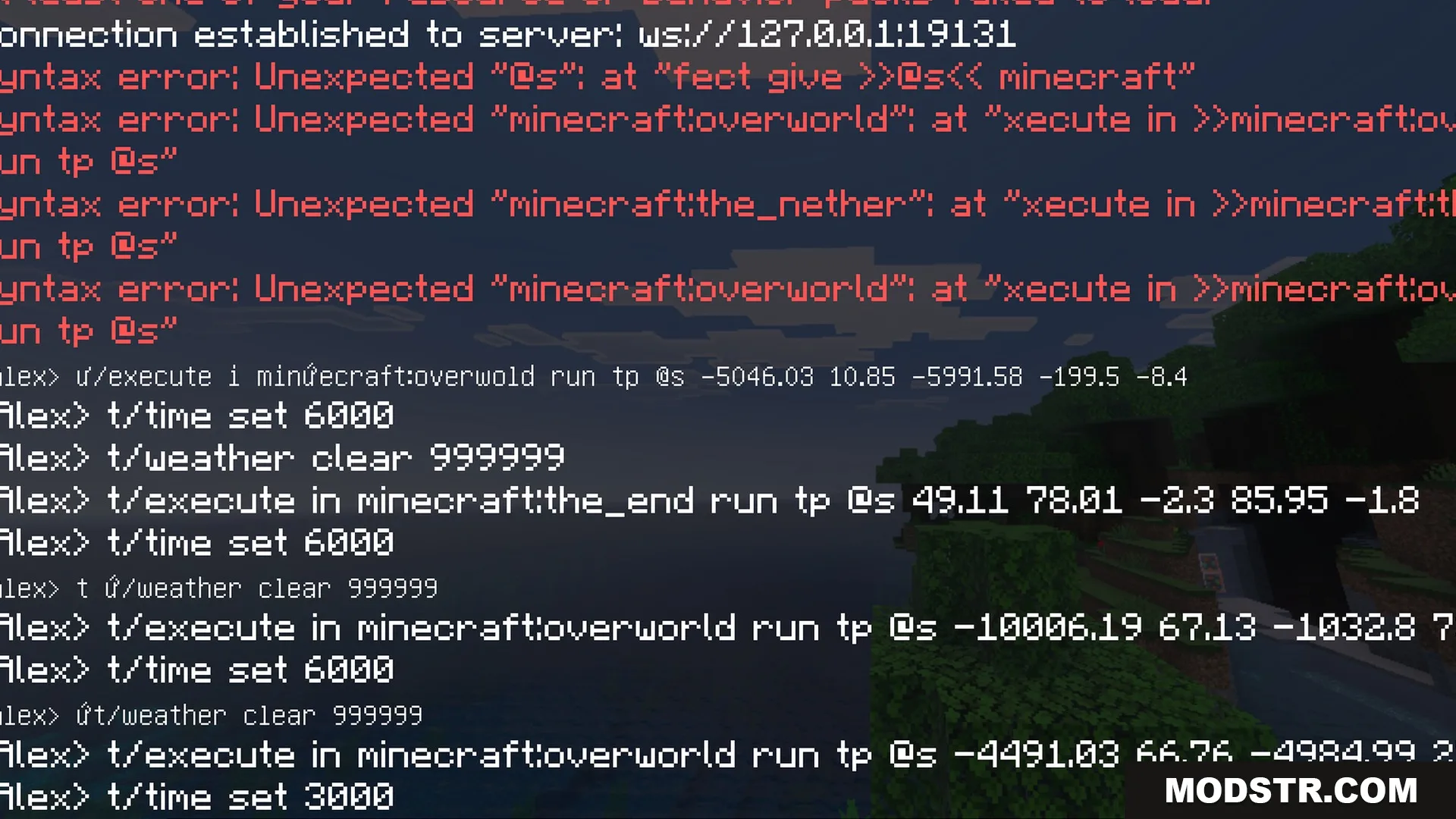 Glowy Ores Shader Screenshot 2 Multiple command logs and syntax errors displayed in the Minecraft chat window