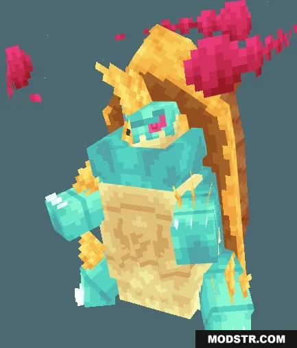 Gigantic blocky turtle creature with a yellow shell and floating red clouds