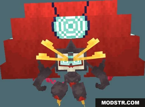 Giant blocky beetle creature with a massive red shell and glowing blue eyes