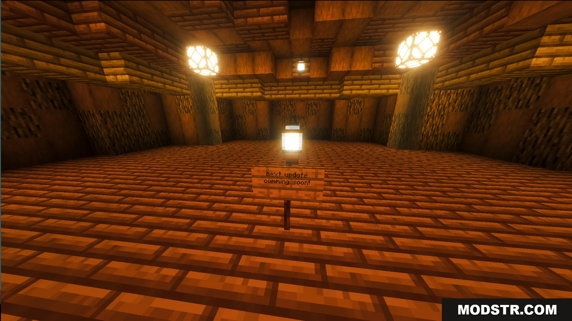 An empty wooden room with glowing lanterns and a sign on a post