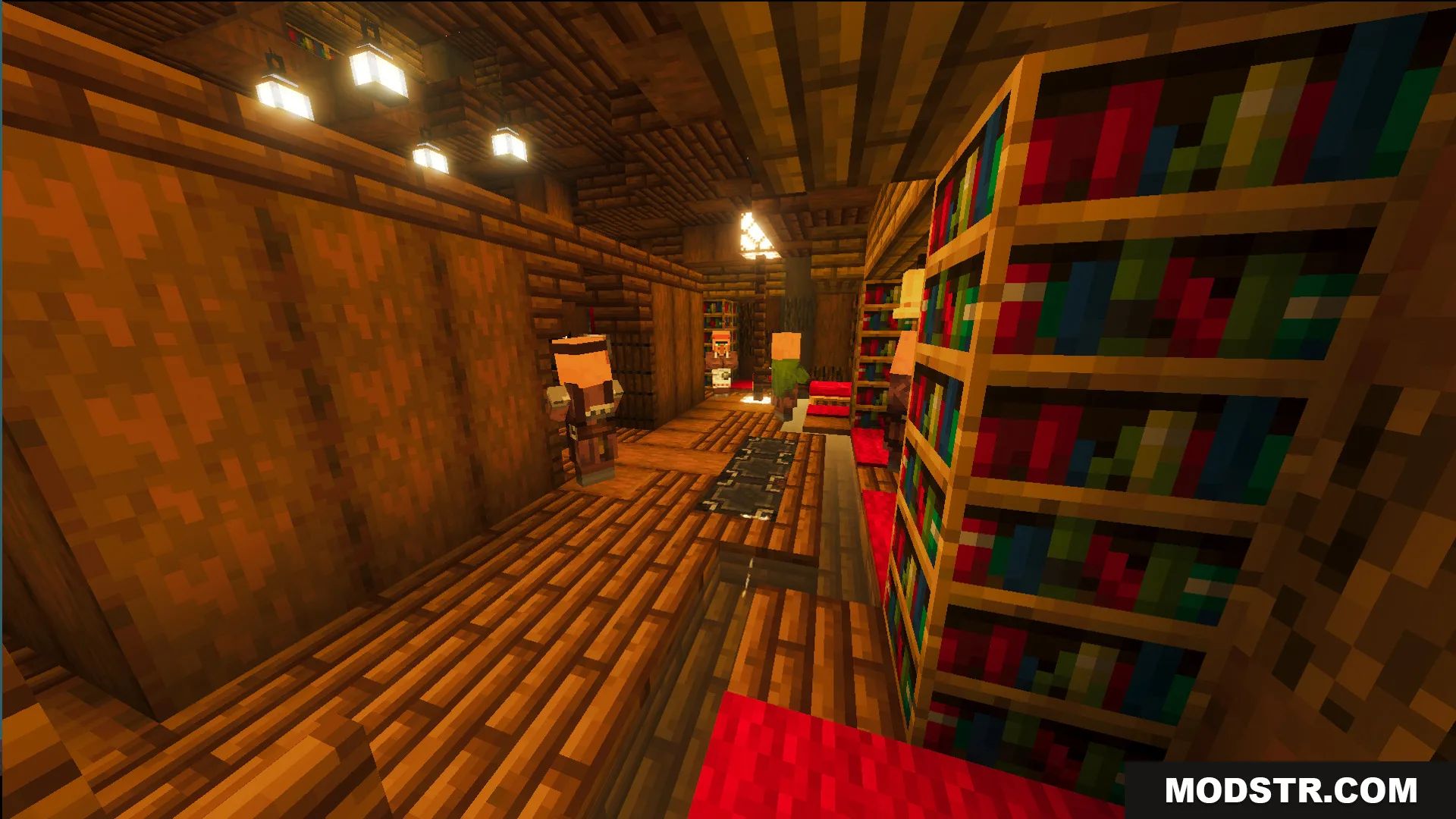Villagers standing in a cozy library room inside the God Tree House