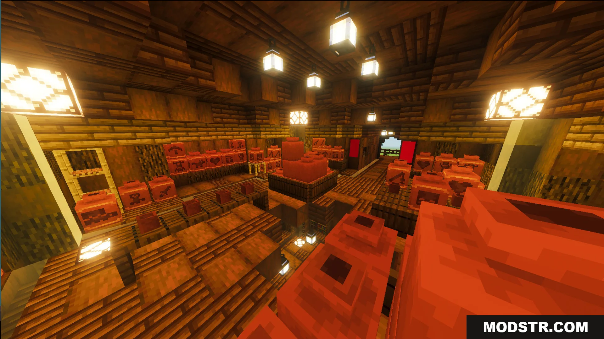 Cozy furnished wooden room with red blocks and hanging lanterns inside the trunk