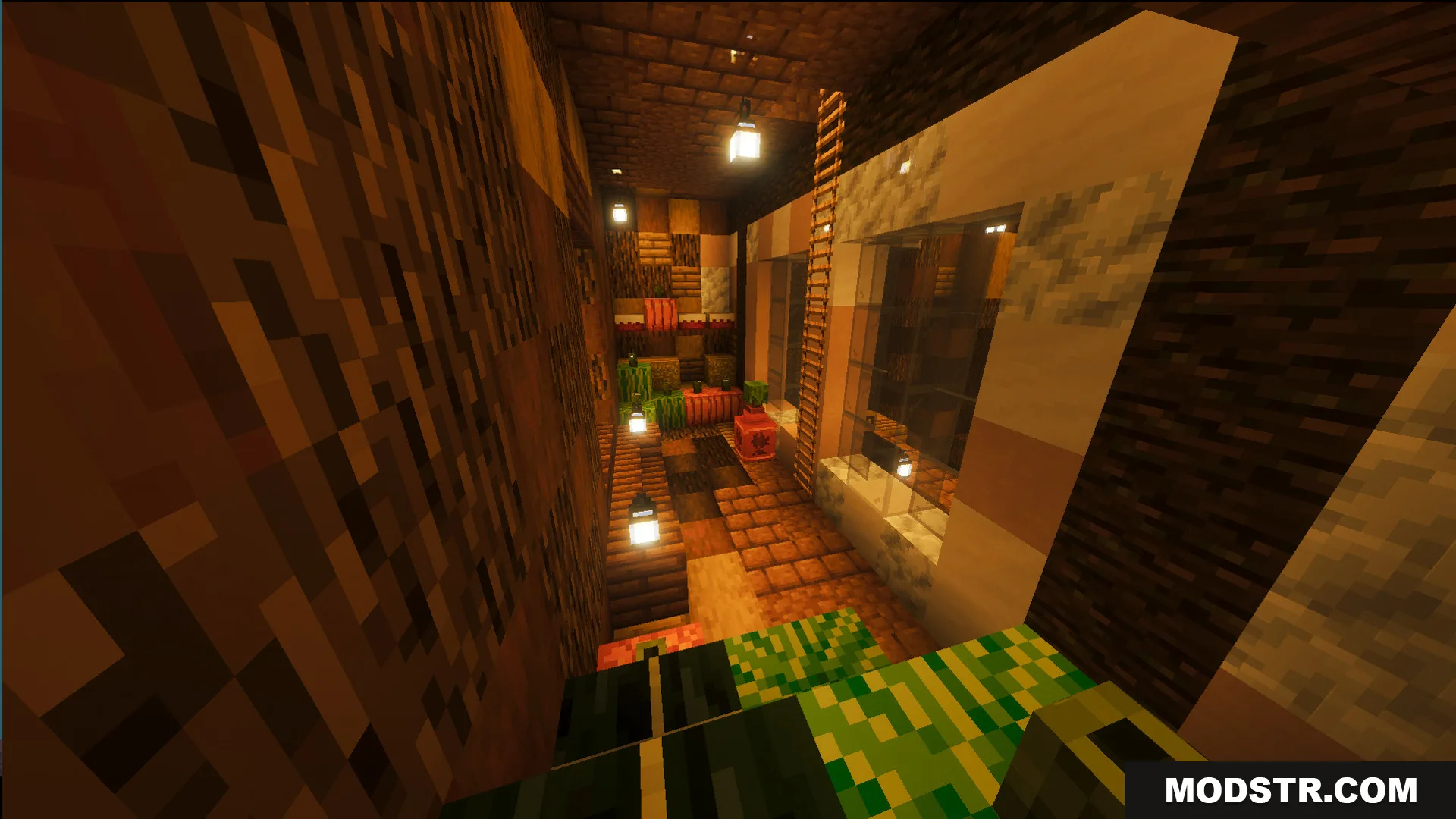 Narrow wooden hallway with lanterns and decorative plants inside the tree house