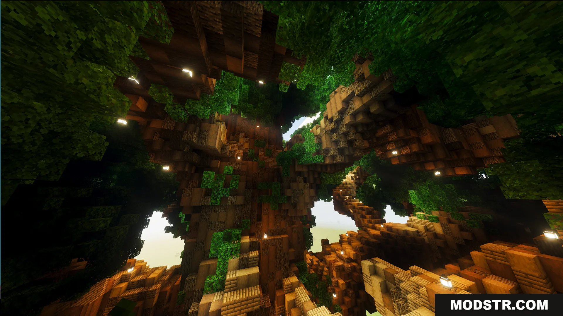 Detailed interior of a massive oak tree with stairs and glowing lanterns