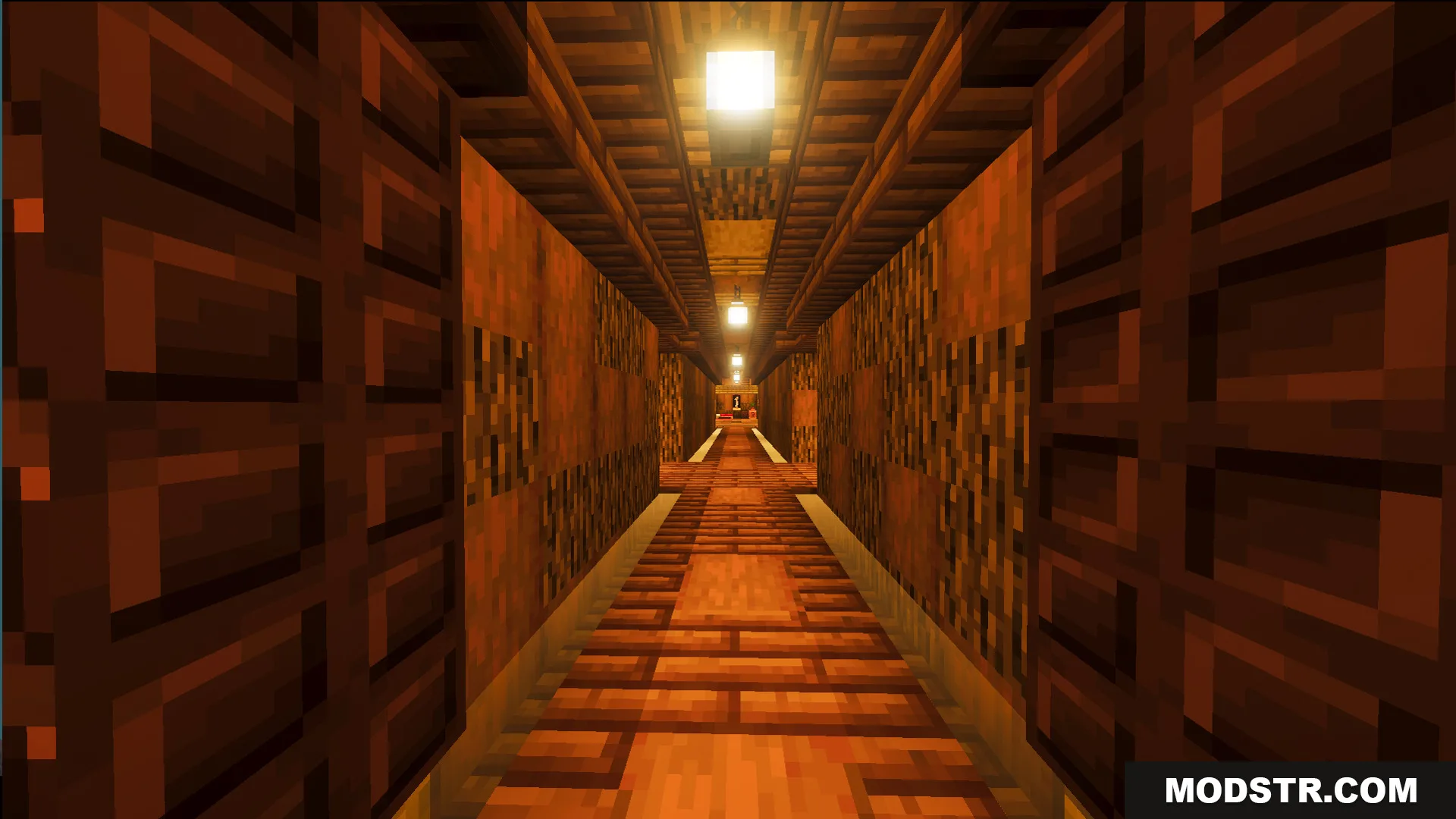 A long wooden hallway inside the tree trunk with warm lantern lighting