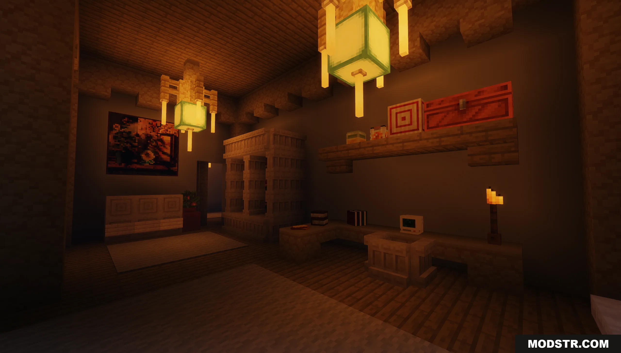 Cozy interior room with warm lantern lighting in the Golden Dawn Map