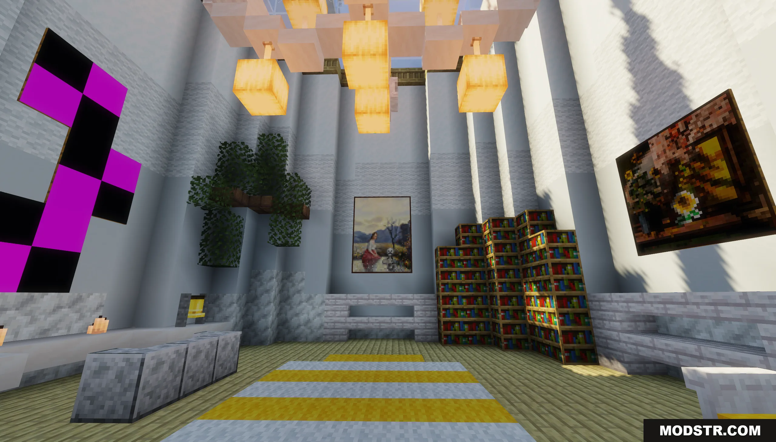 Bright hall featuring tall bookshelves and a large chandelier in a Minecraft build