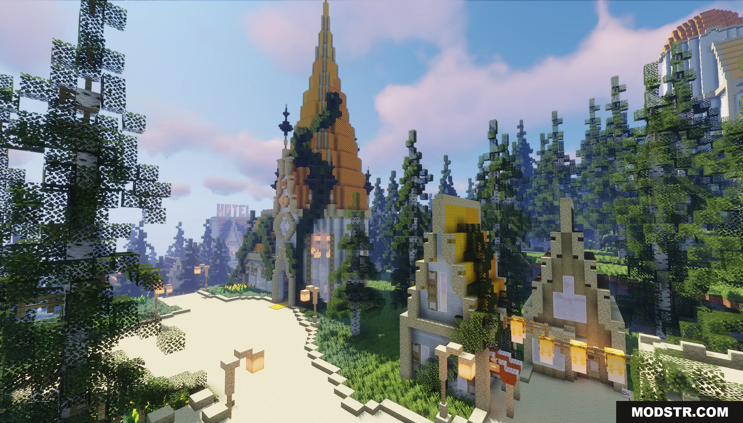Overview of the Golden Dawn Map featuring tall towers and pine trees