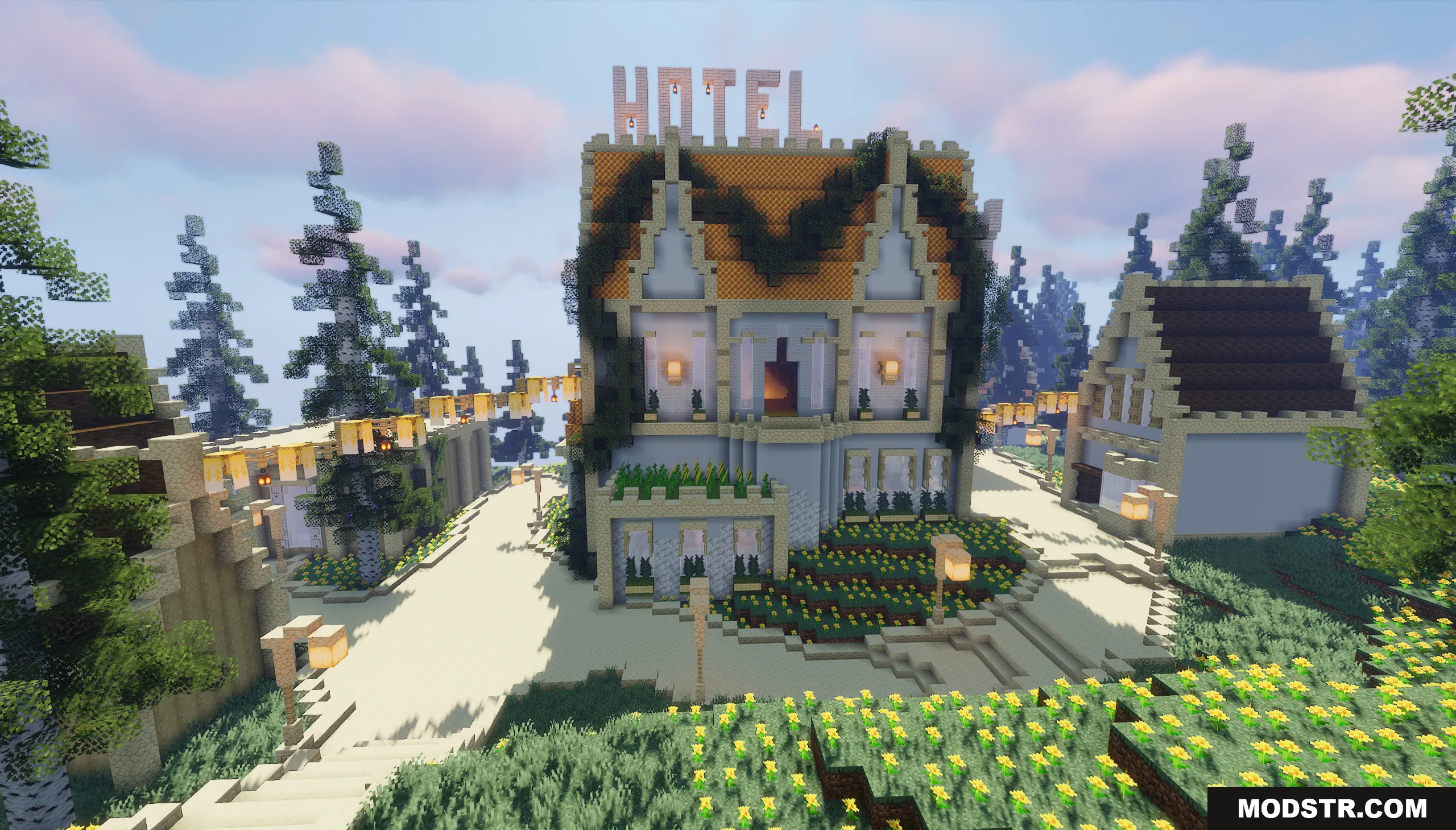 A grand hotel building in Minecraft with a large sign and flower gardens