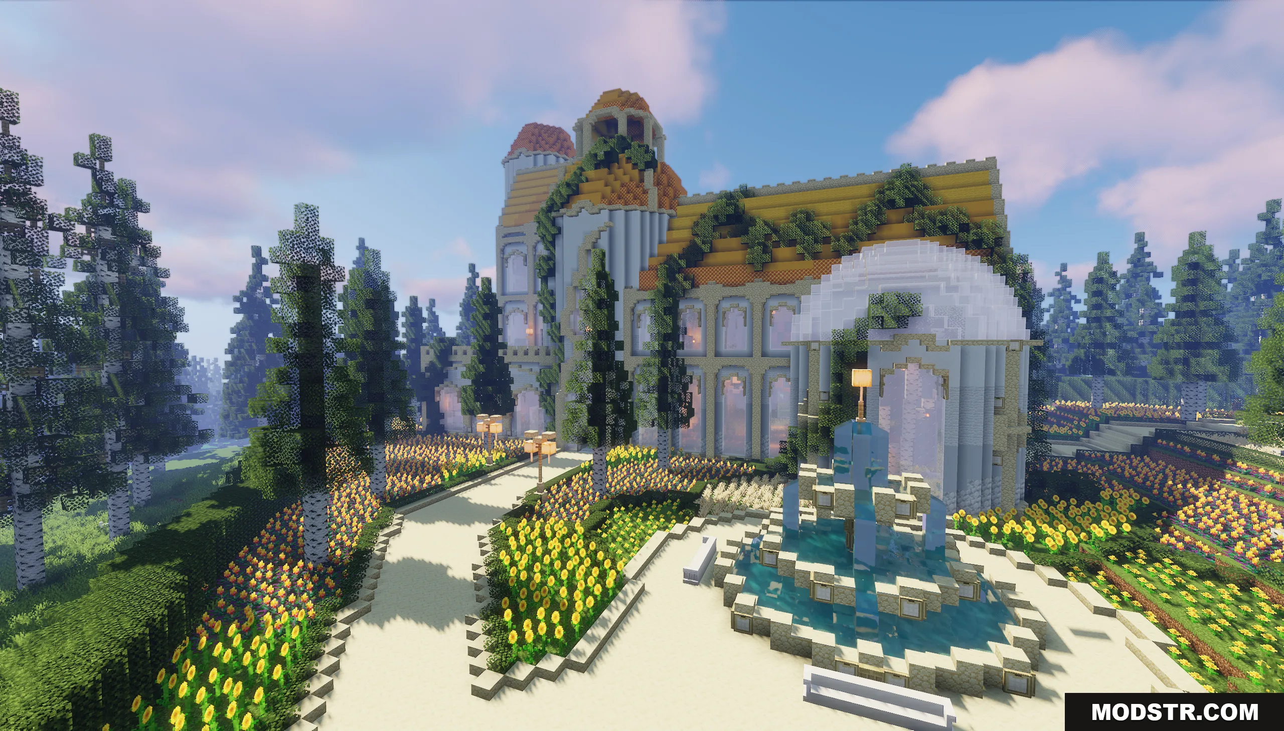 Elegant white mansion with yellow roofs and a fountain in Golden Dawn Map