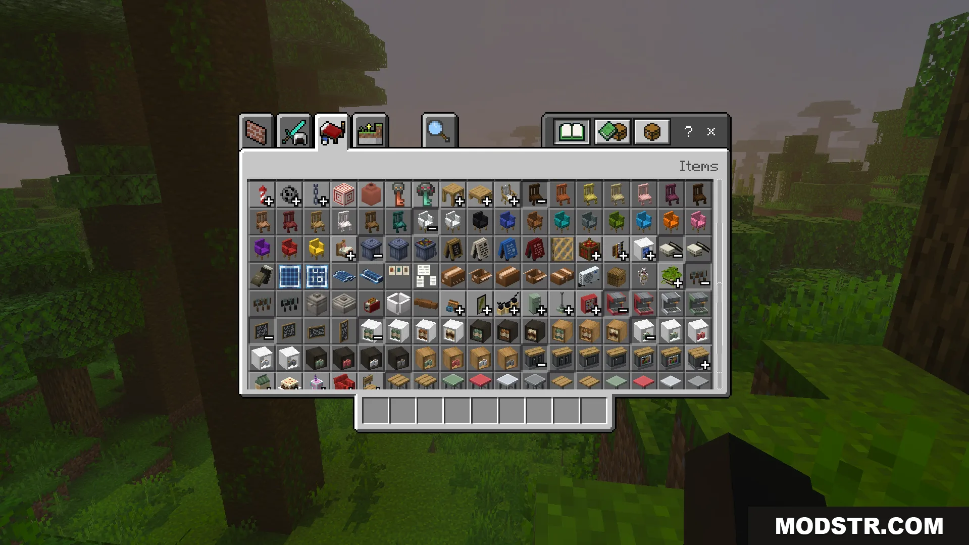 Gooblideco MCPE/Bedrock Mods & Addon Screenshot 1 creative inventory menu displaying many new decorative blocks and furniture items