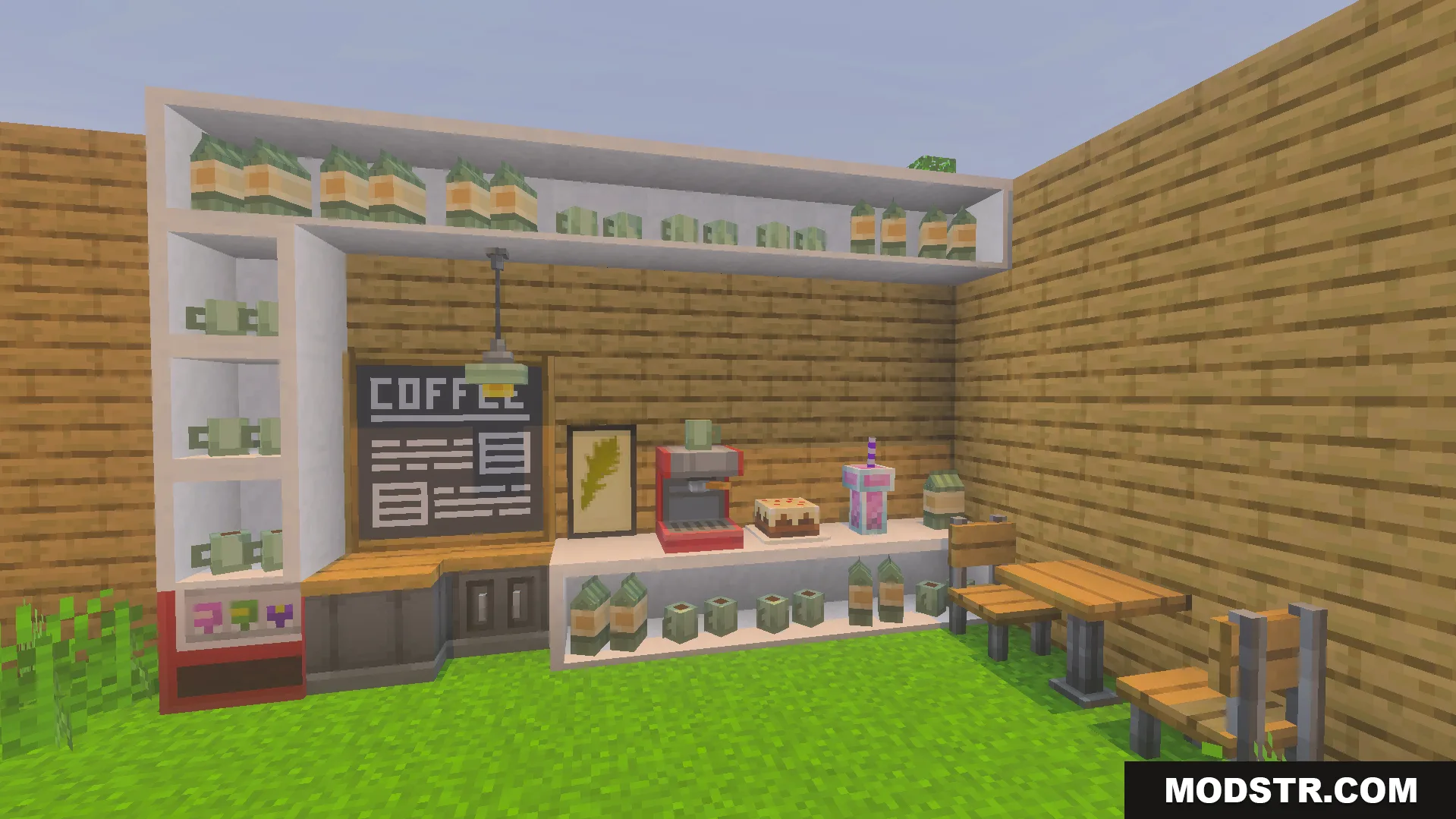 Gooblideco MCPE/Bedrock Mods & Addon Screenshot 4 store building interior featuring a coffee menu board espresso machine and wooden chairs
