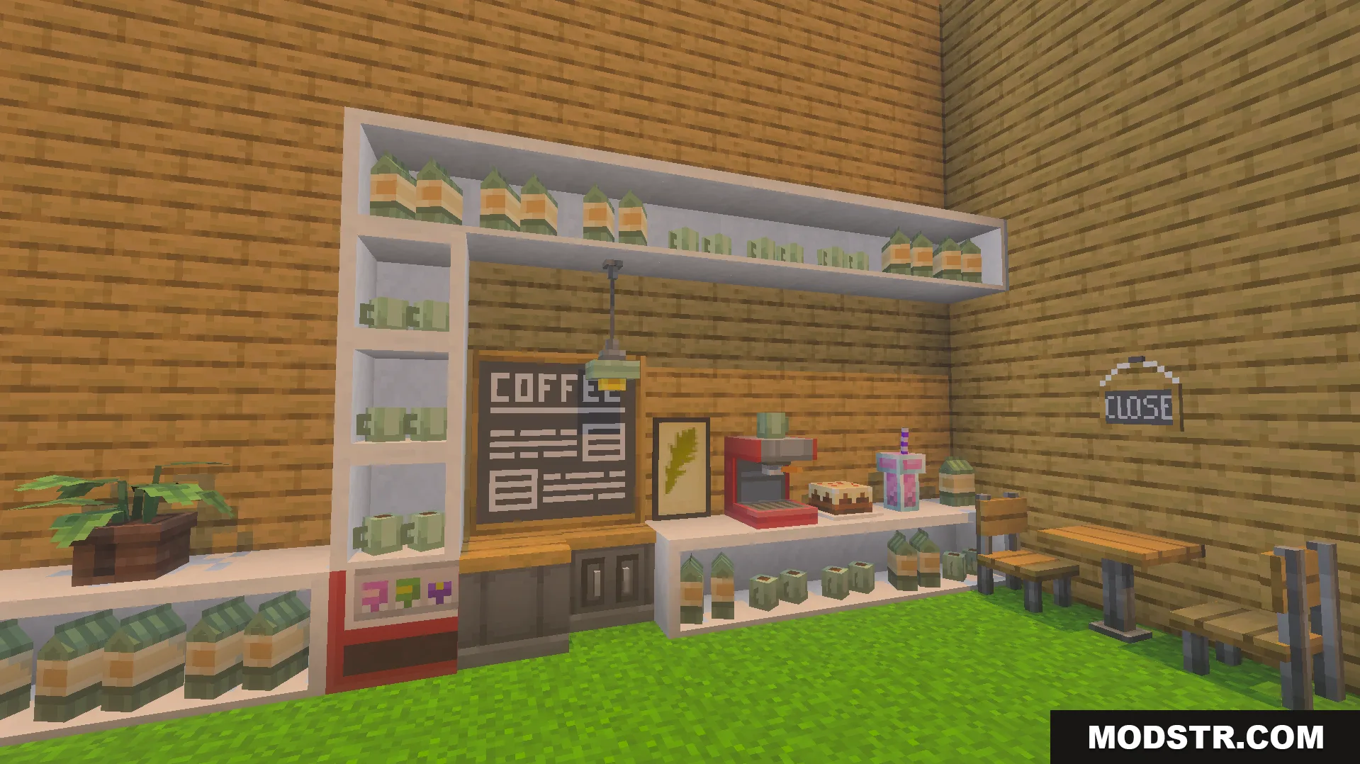 Gooblideco MCPE/Bedrock Mods & Addon Screenshot 5 Coffee shop interior with menu board and seating area
