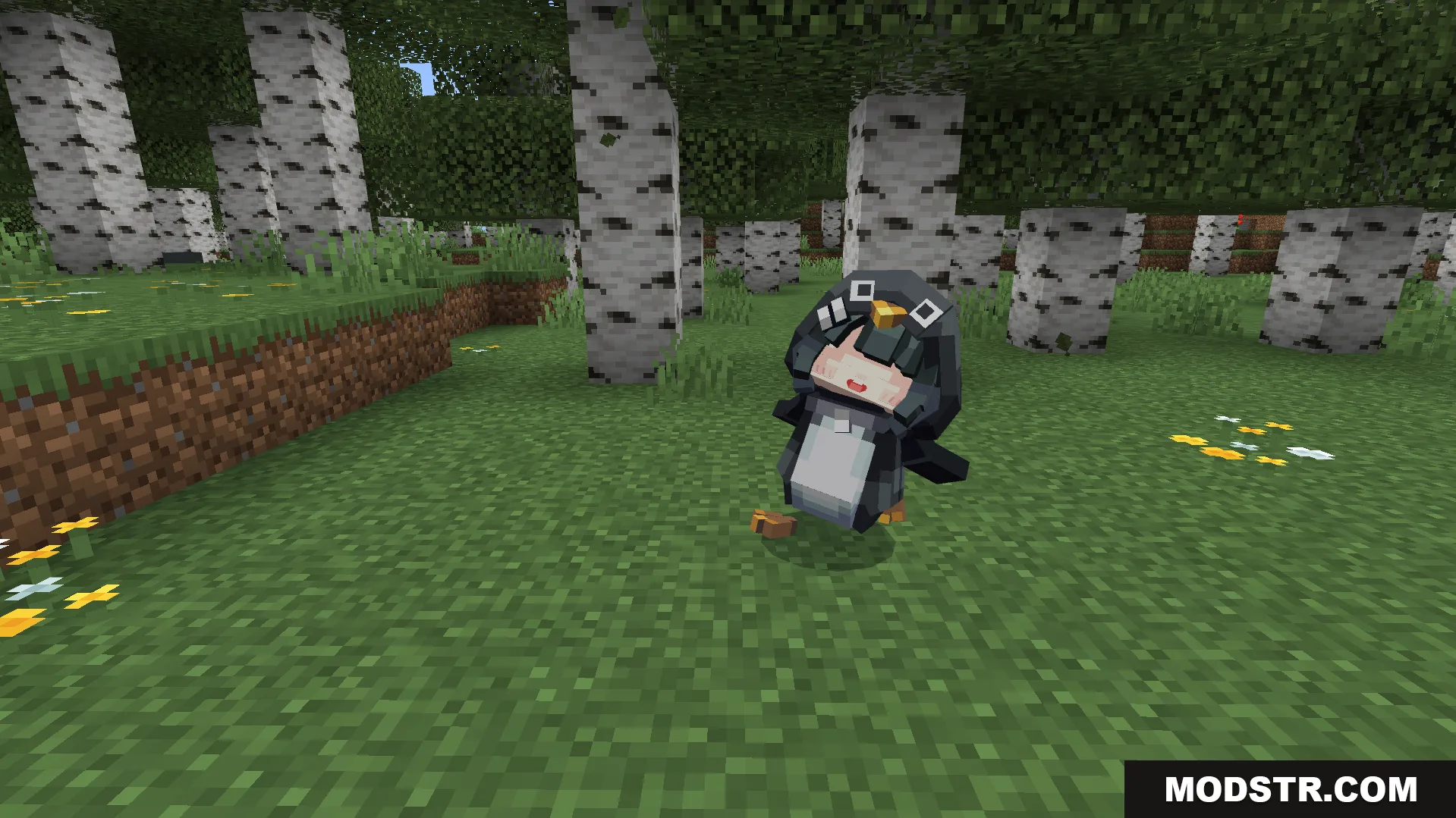 The small penguin mob with a human face sitting down on the grass