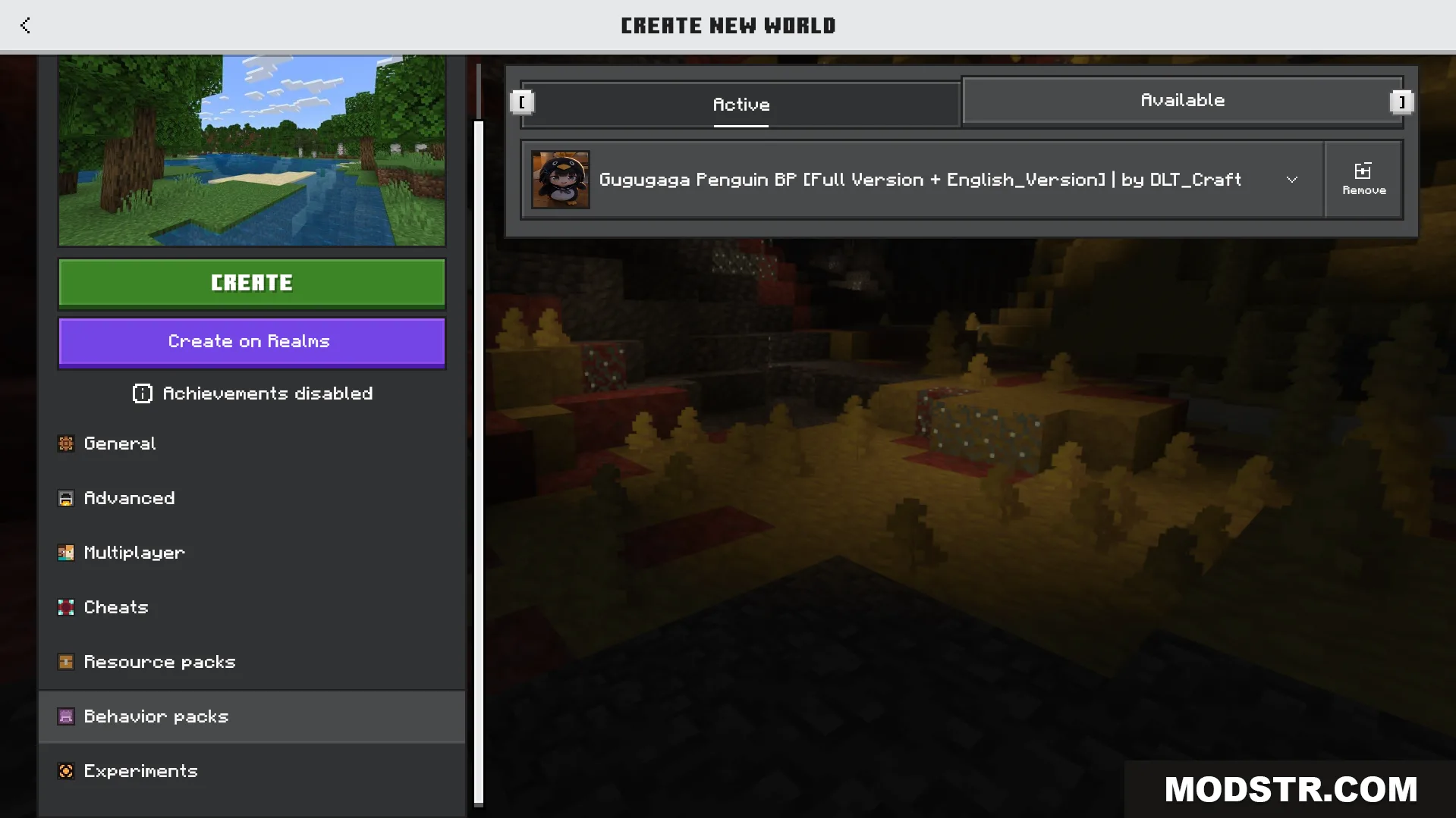 Minecraft world creation menu showing the active behavior pack for penguins