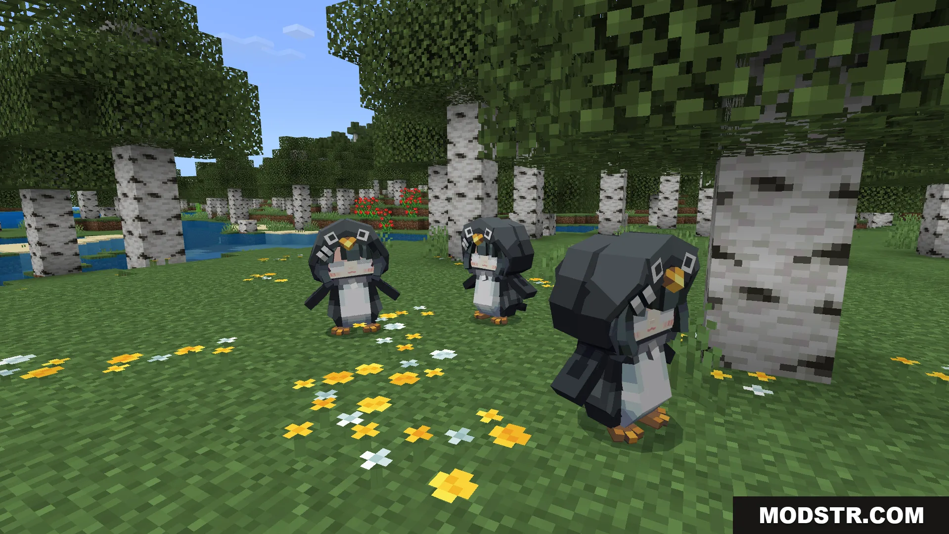 Three cute penguin mobs with anime faces standing in a birch forest