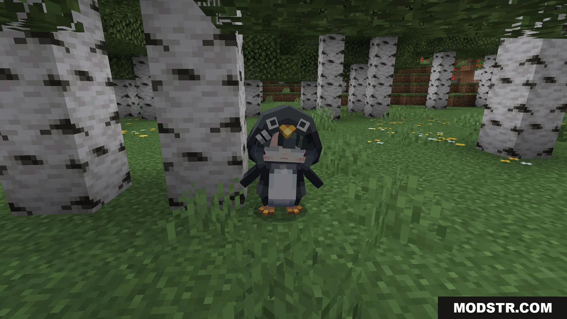 A cute penguin character from the Gugugaga Addon standing in a birch forest
