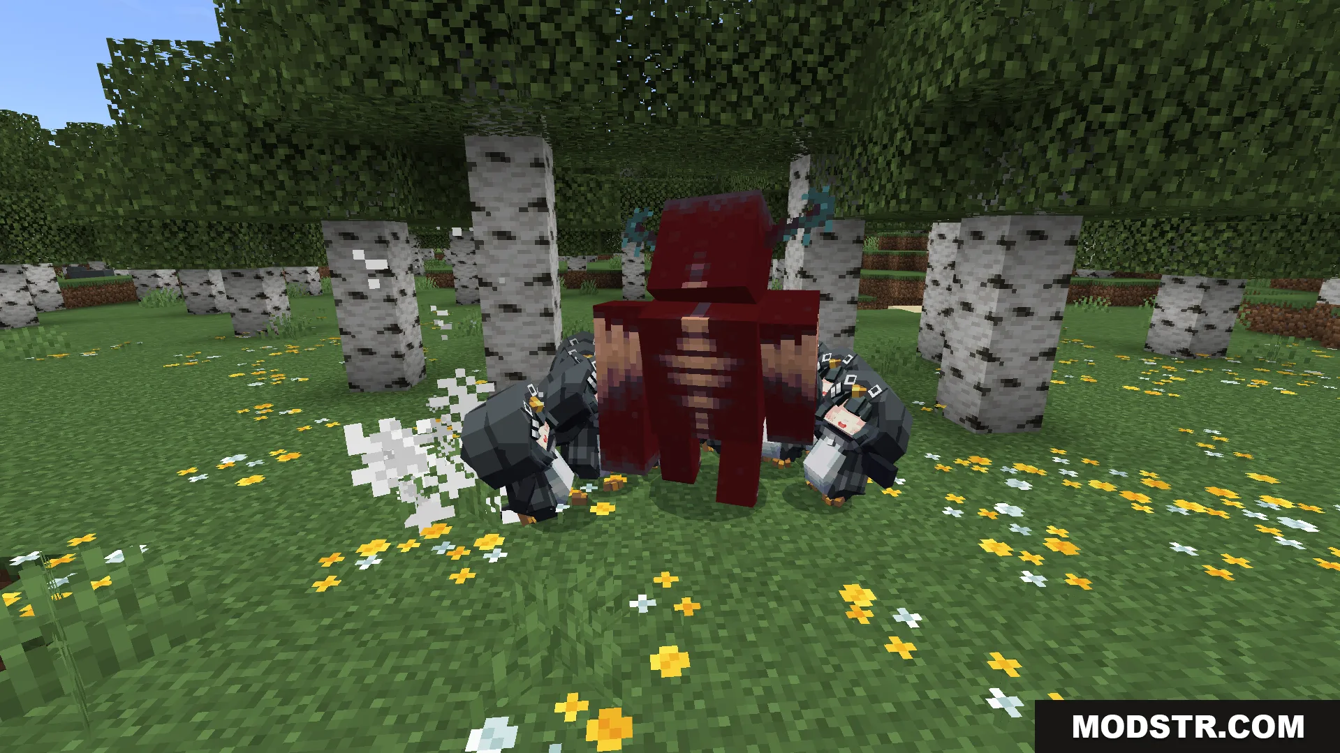 Small penguins gather around a large red Warden mob in a birch forest
