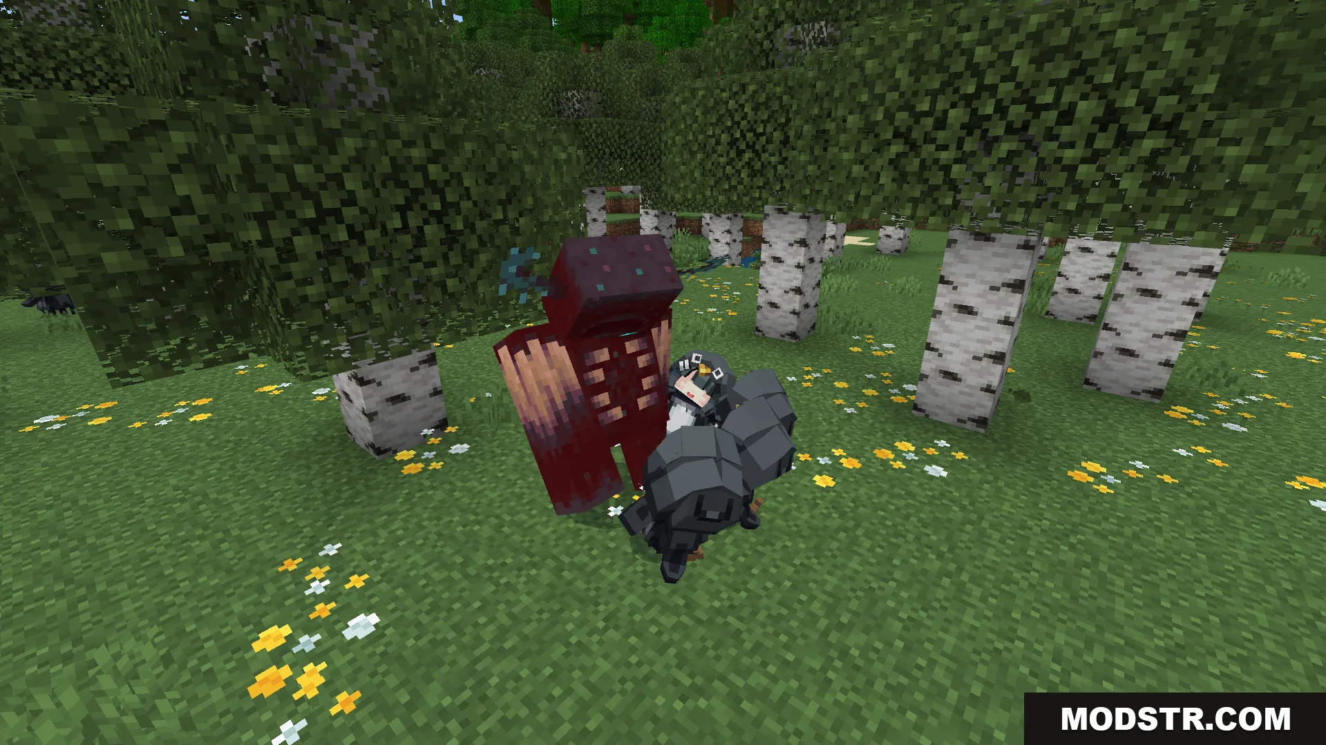 A small penguin mob attacking a large red creature in the woods