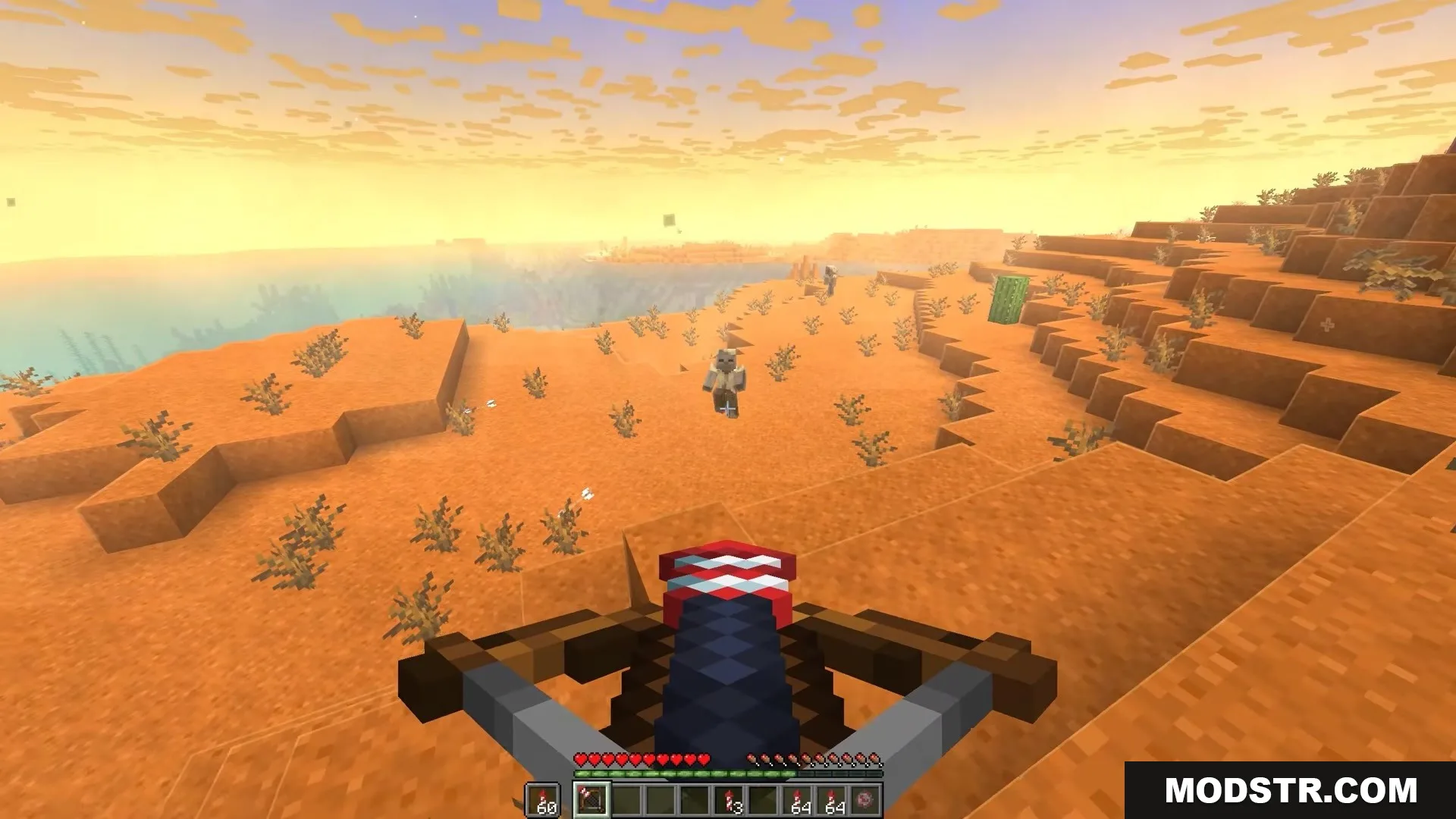 Player aiming a loaded crossbow at a Husk in the desert biome