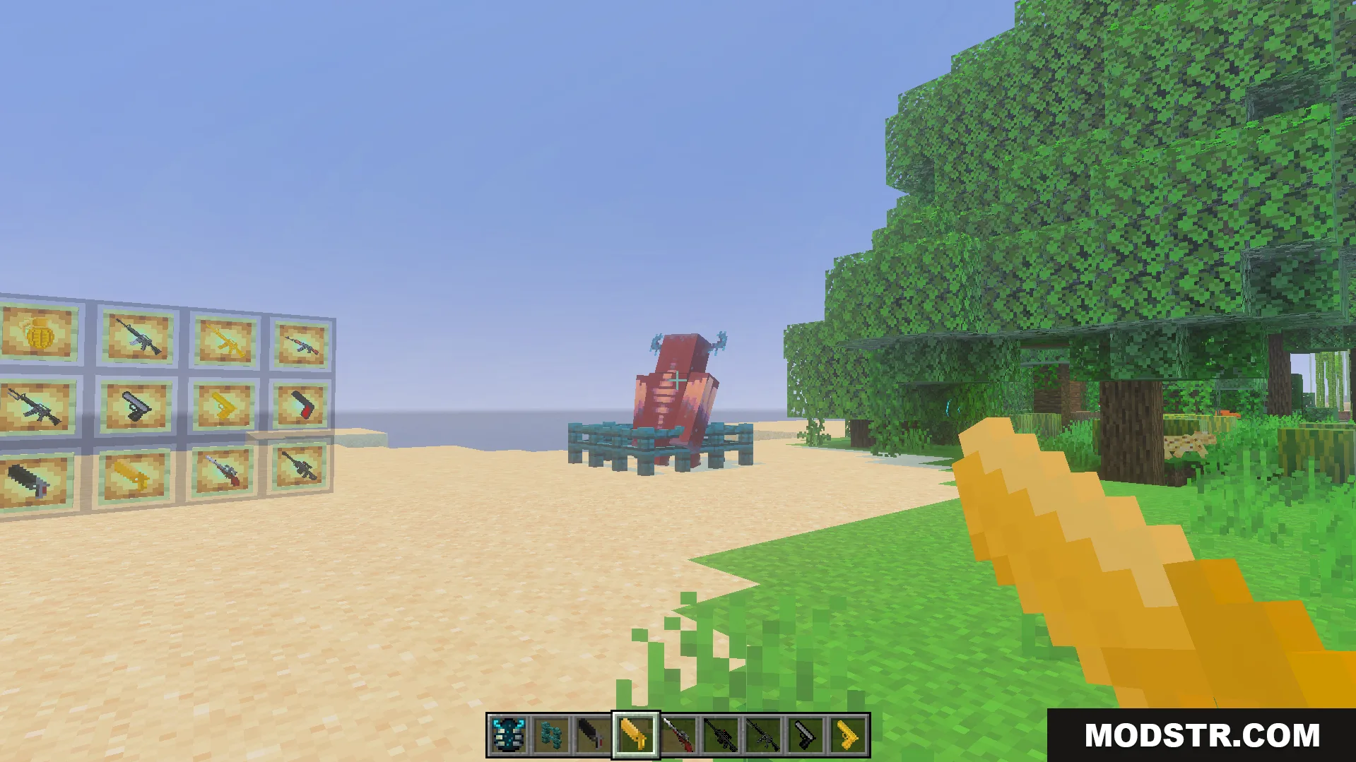 Gun Expansion Addon Screenshot 6 Player aiming a gold night gun at a mob on the beach