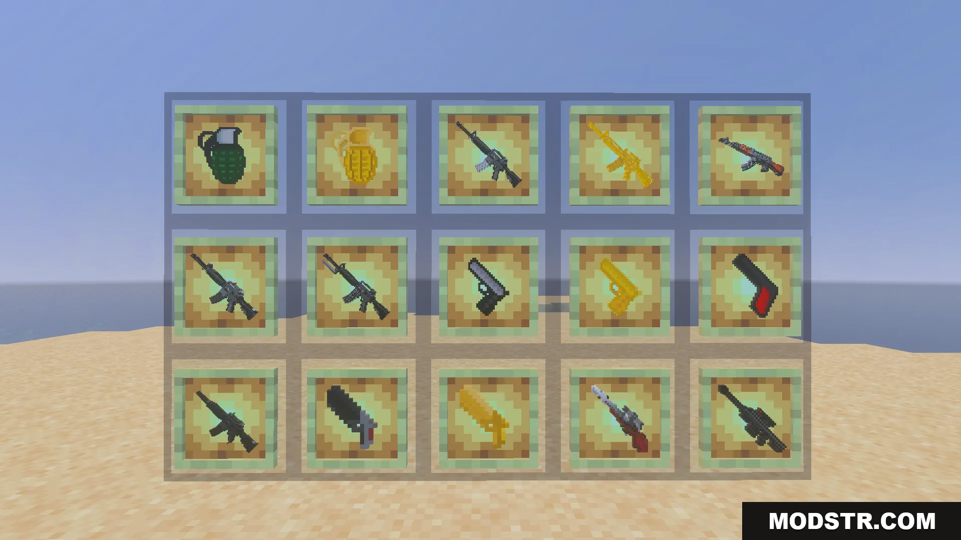 Gun Expansion Addon Screenshot 1 Grid of item frames displaying modern blocky guns and gold weapon variants