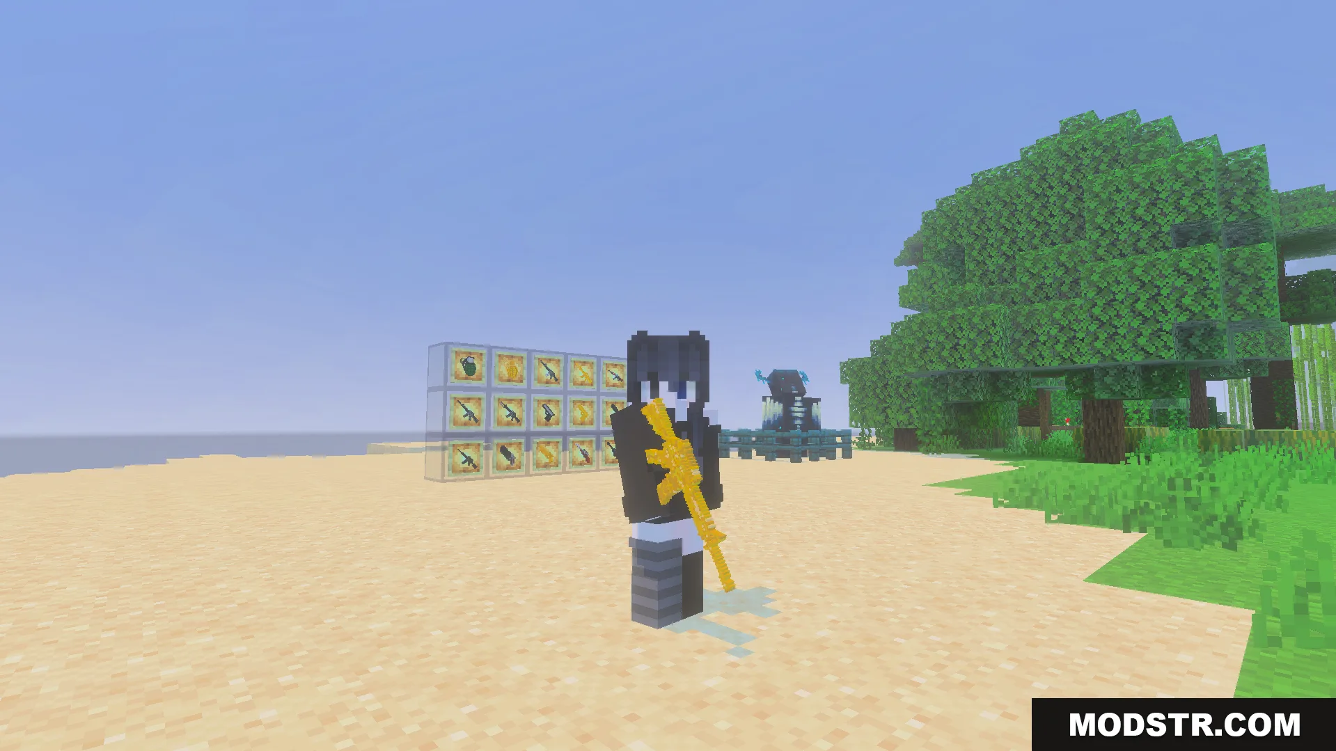 Gun Expansion Addon Screenshot 7 Player holding a golden gun next to item frames displaying various weapons