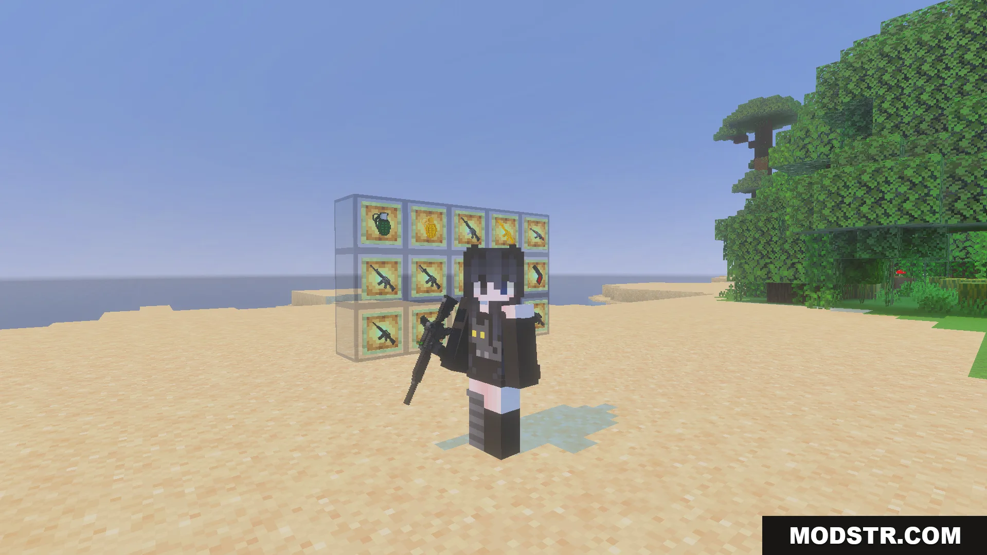 Gun Expansion Addon Screenshot 2 Player holding a modern blocky assault rifle standing near the weapon display