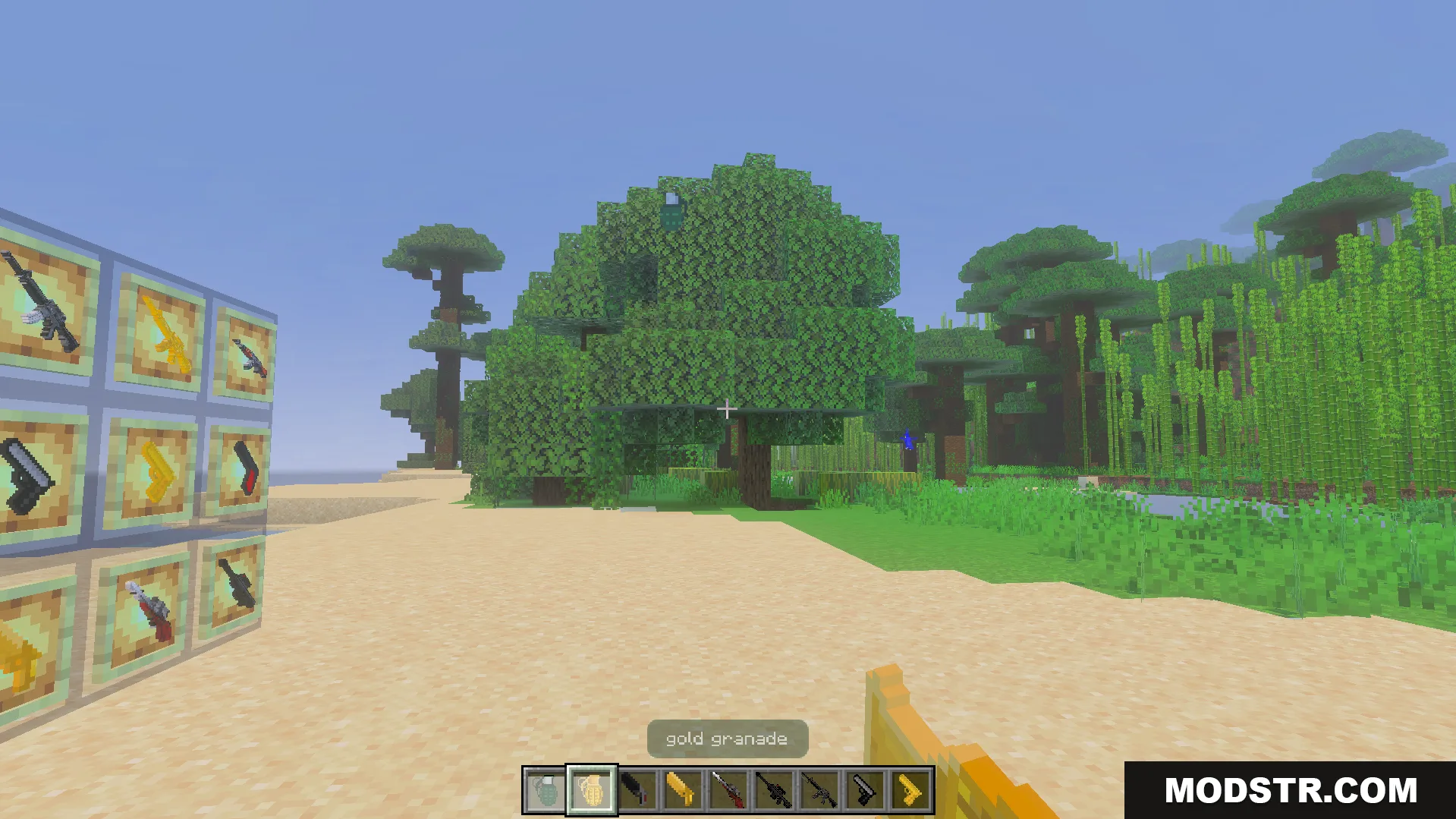 Gun Expansion Addon Screenshot 3 Player holding a gold grenade in a jungle biome