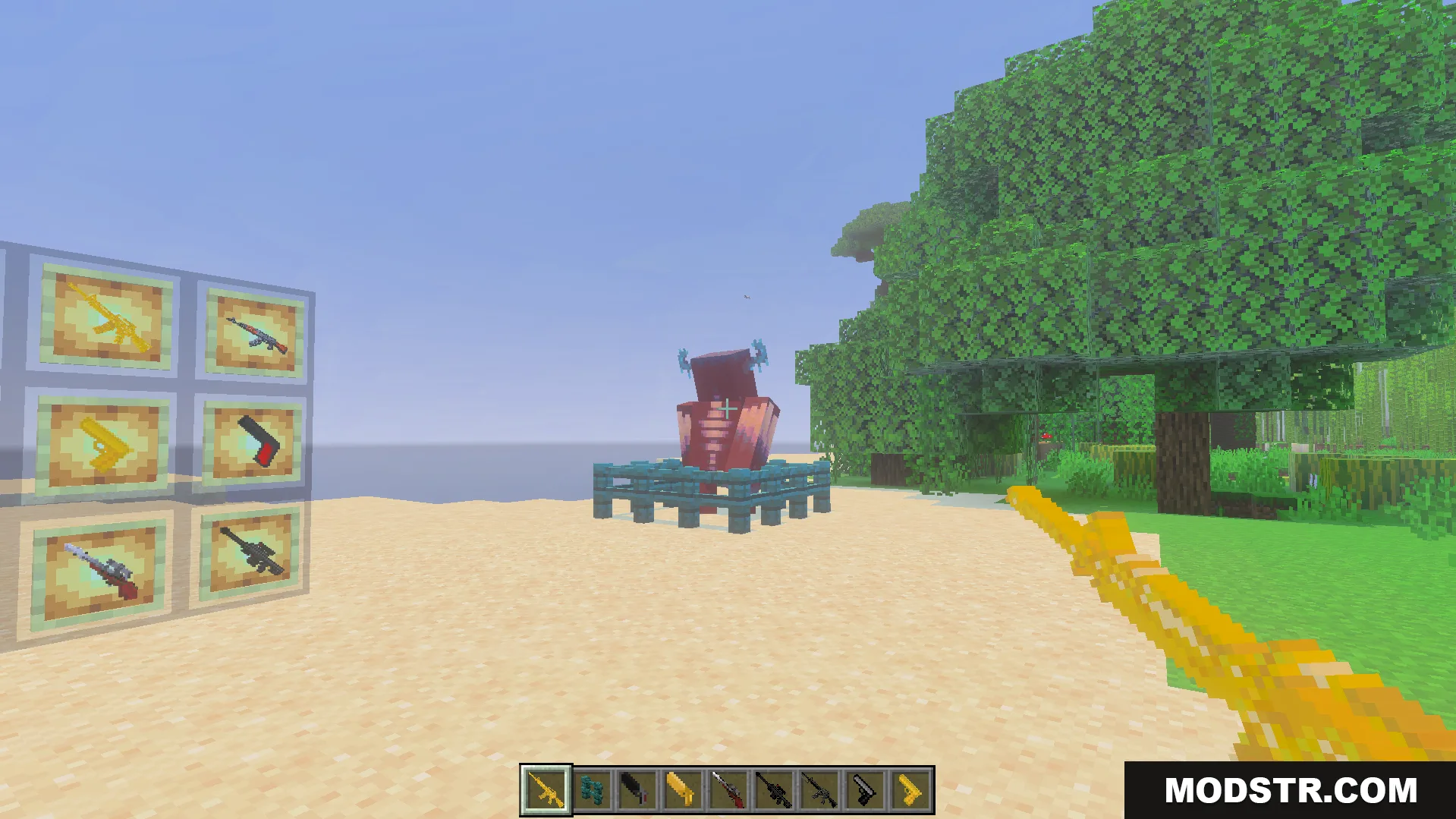 Gun Expansion Addon Screenshot 9 player aiming gold weapon variant at mob near blocky gun models display
