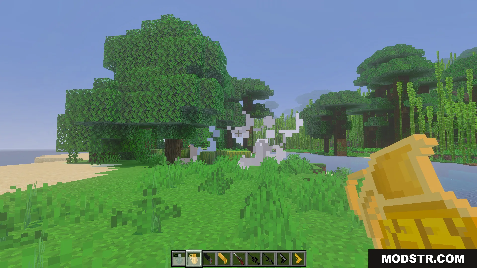 Gun Expansion Addon Screenshot 4 Player throwing a gold grenade near a jungle tree