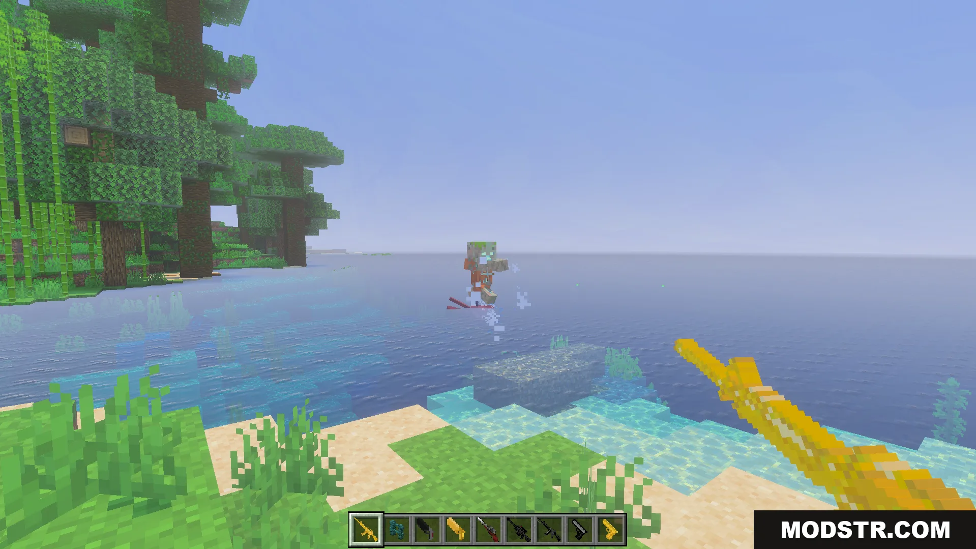 Gun Expansion Addon Screenshot 8 Player aiming a golden gun at a zombie in the water