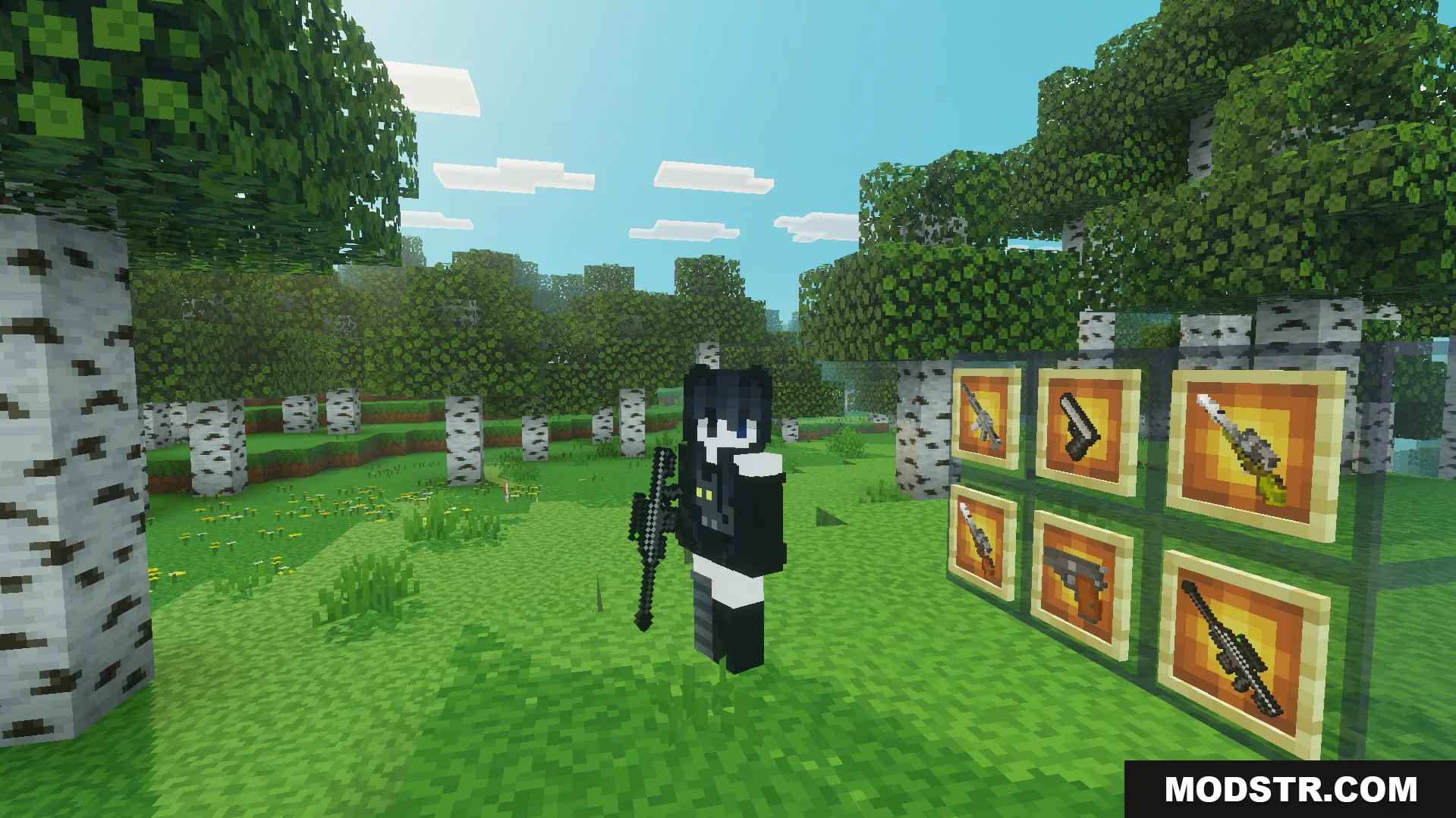 Gun Plus Addon Screenshot 5 Player holding a gun next to item frames displaying various military weapons