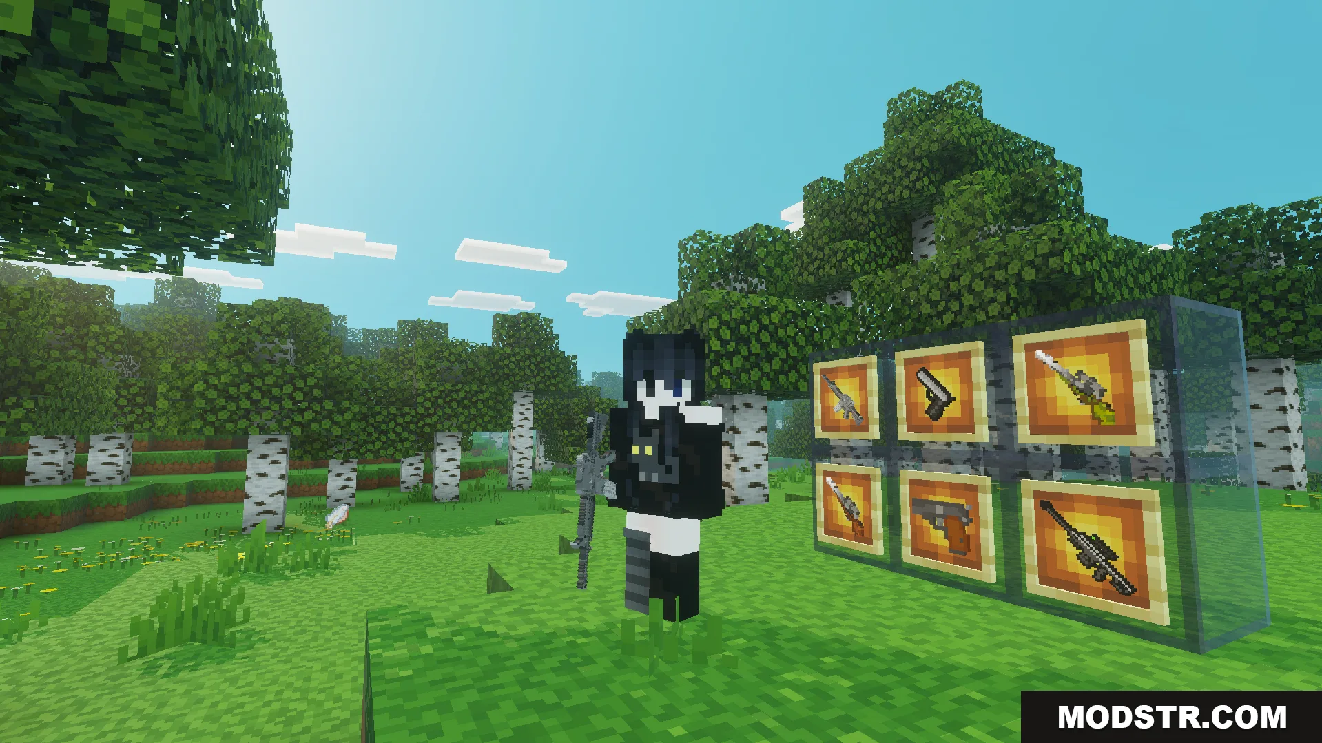 Gun Plus Addon Screenshot 4 Character showing a collection of crafted military weapons mounted on glass blocks