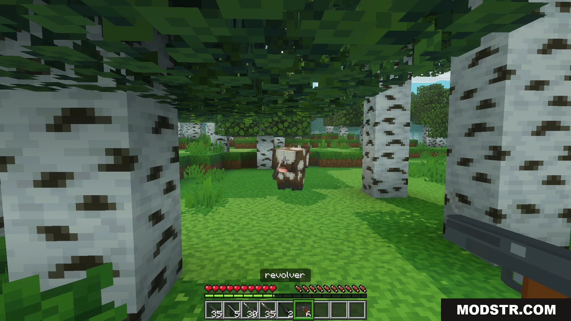 Gun Plus Addon Screenshot 7 Player holding a revolver gun aiming at a cow in birch forest