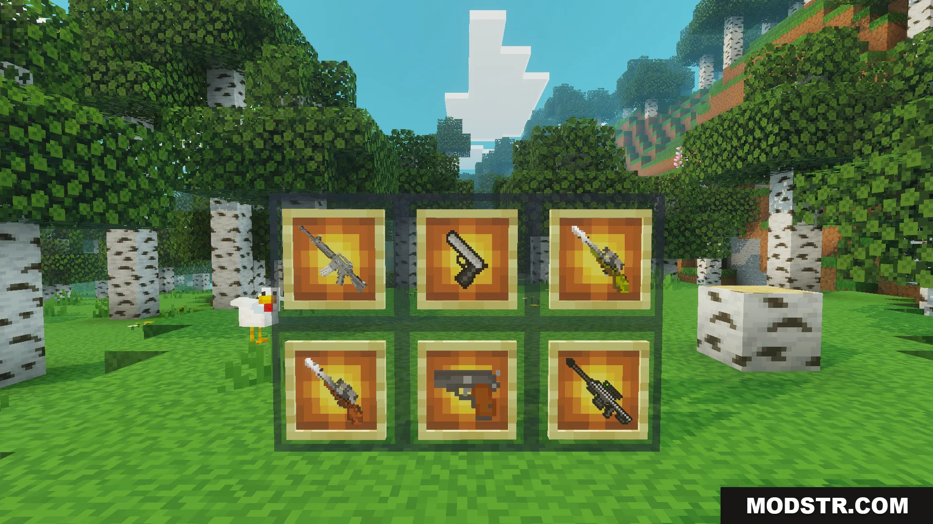 Gun Plus Addon Screenshot 2 various military weapons like sniper rifles and pistols displayed in item frames