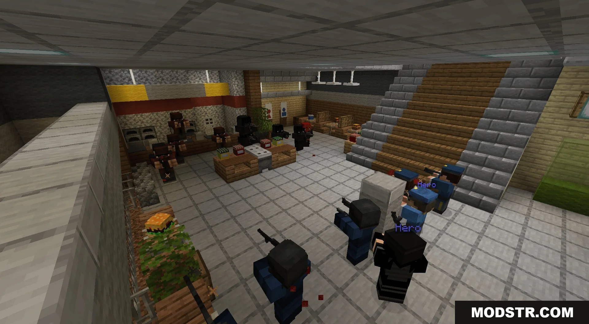 Guns Gadgetery & Mission Editor Data Pack Screenshot 9 Tactical mobs and police officers engage in a shootout inside a modern building