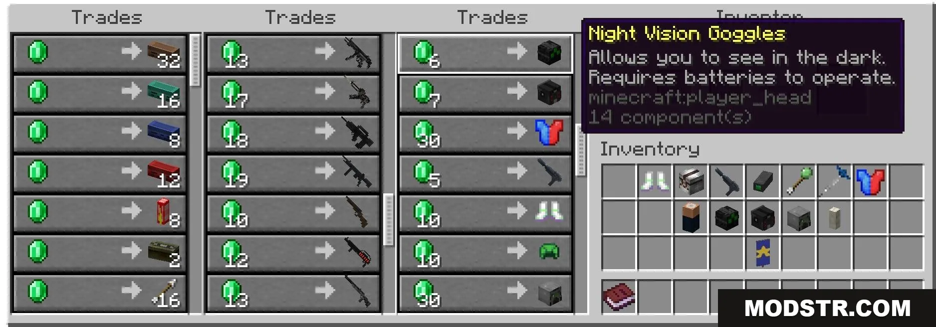 Guns Gadgetery & Mission Editor Data Pack Screenshot 7 Minecraft interface displaying trades for modern weapons and tactical spy equipment