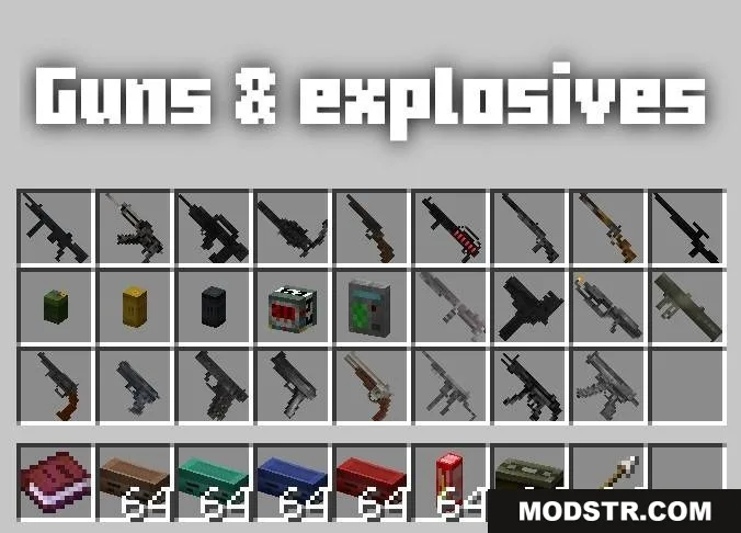 Guns Gadgetery & Mission Editor Data Pack Screenshot 1 Minecraft inventory screen displaying a wide variety of modern weapons and explosives