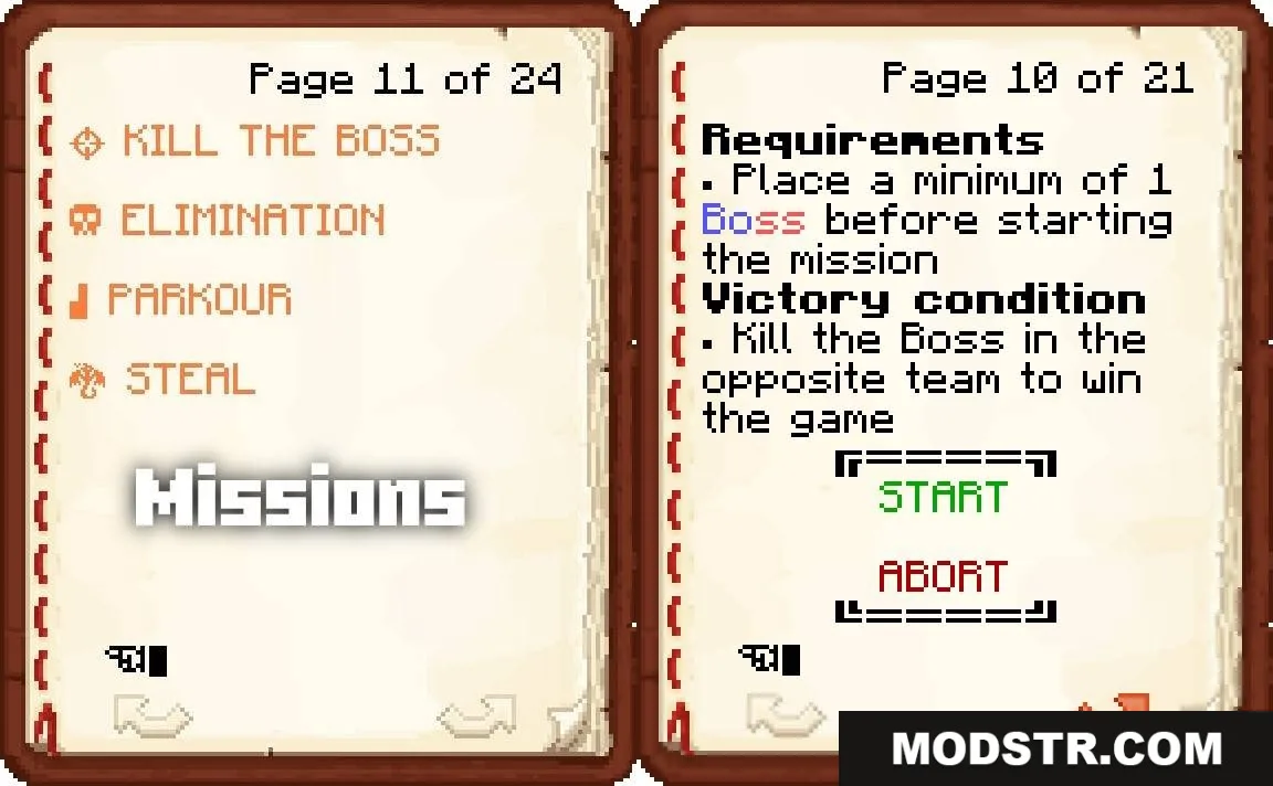 Guns Gadgetery & Mission Editor Data Pack Screenshot 6 Minecraft book menu for selecting missions and viewing specific game requirements