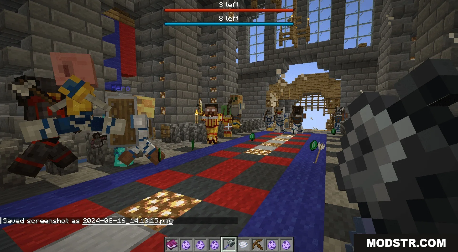 Guns Gadgetery & Mission Editor Data Pack Screenshot 10 Players and custom mobs battle inside a castle with a checkered carpet